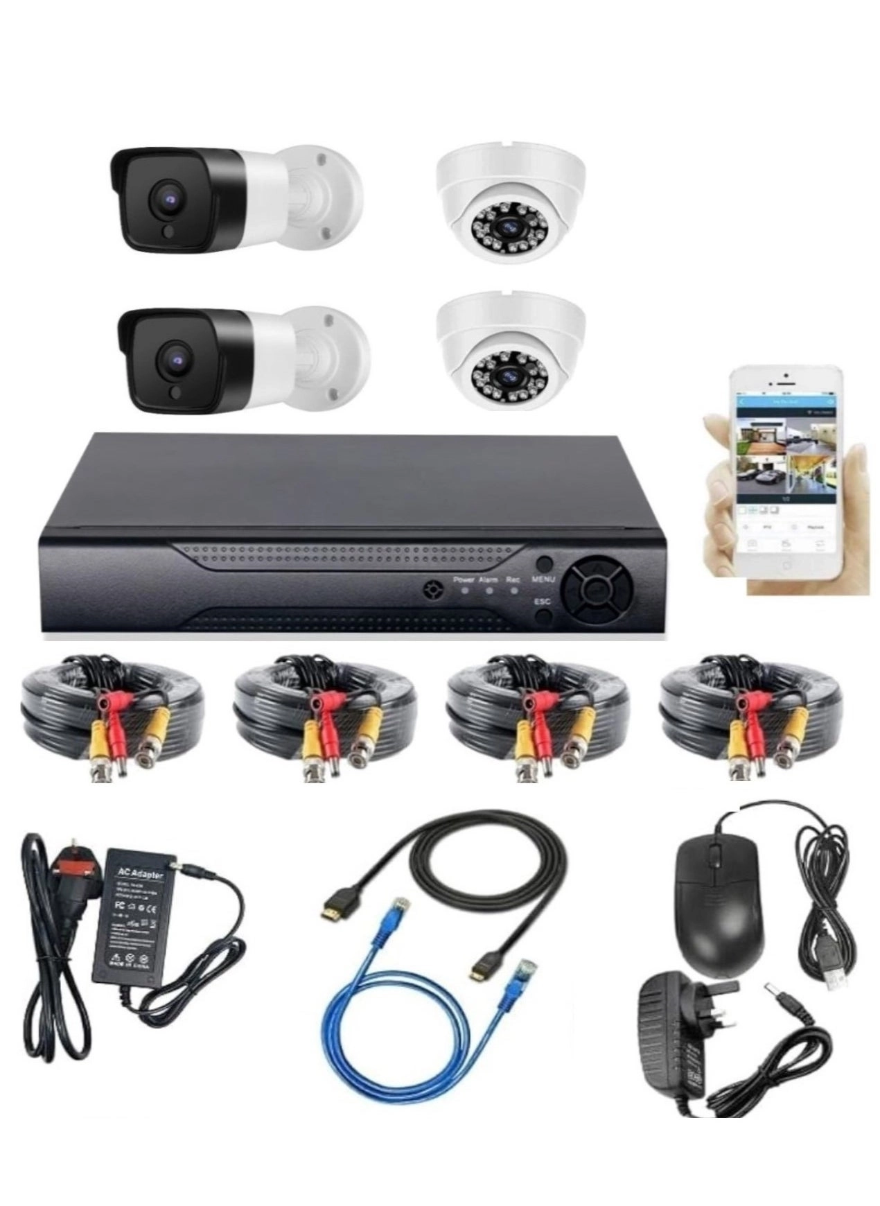 H.264 4CH 1080N HD XVR + 1080P Outdoor Camera + 1080P Indoor Camera + 15M CCTV Cable + 12V Power Supply + 1 to 4 Power Splitter Cable + cat 6 cable + HDMI cable