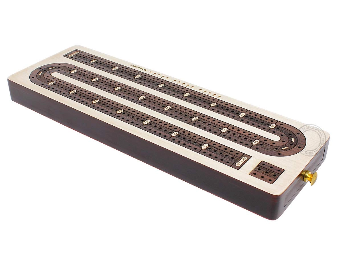 3 Track Continuous Cribbage Board - Inlaid in Rosewood Storage Drawer for Cribbage Pegs