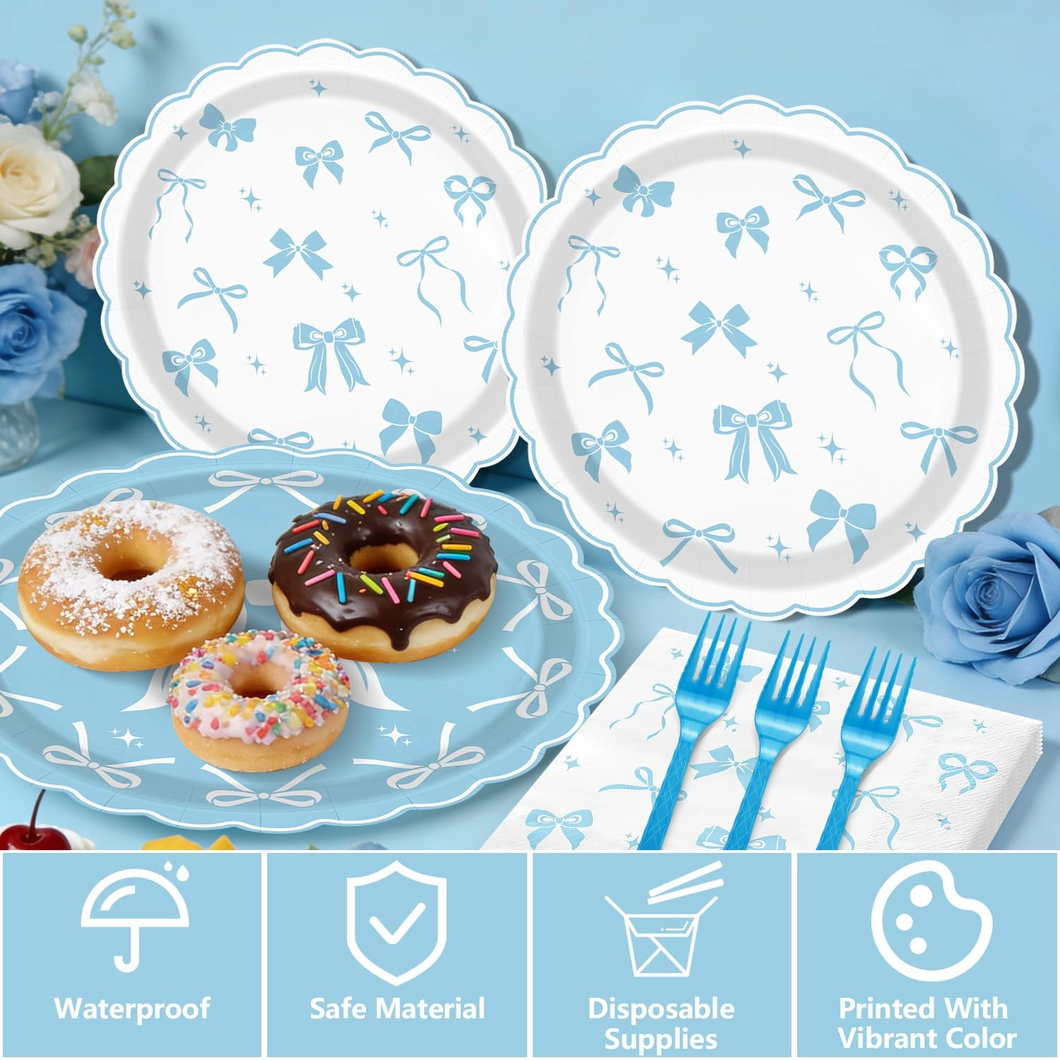 Blue Bow Party Supplies Set - 82.0 Count Baby Shower