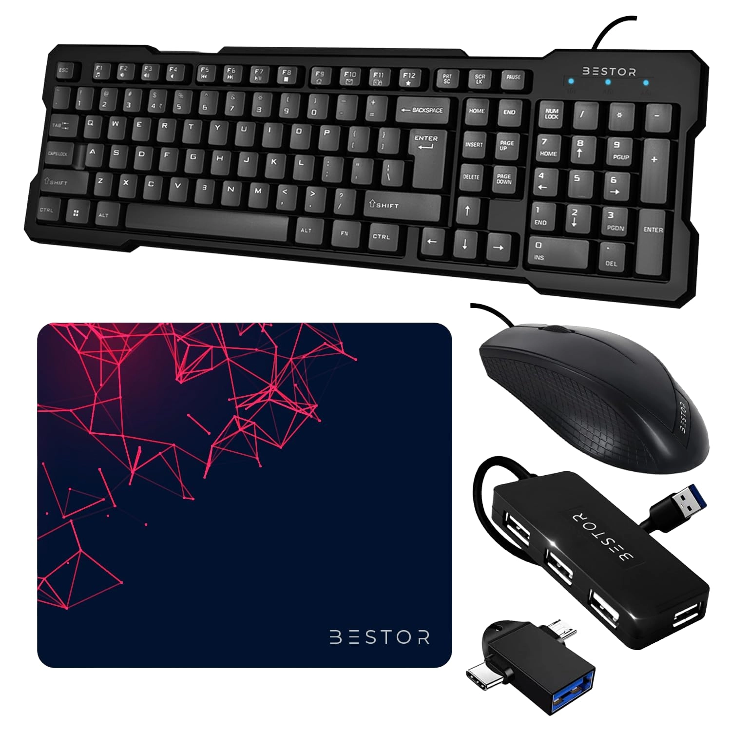 BESTOR INDIA PRIVATE LIMITED Wired Keyboard + Wired Mouse + Mouse Pad + Type A to Type C OTG Adapter + 4 Port USB HUB - QWERTY Wired