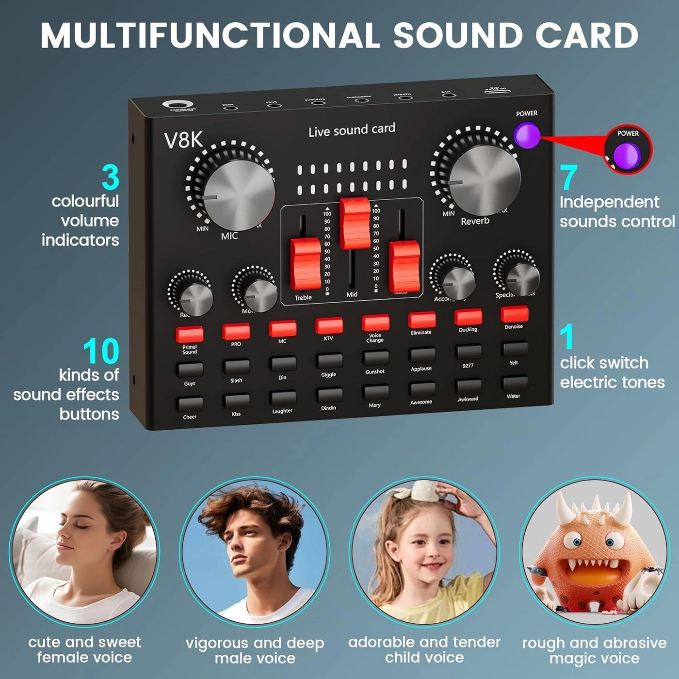 Voice Changer Sound Card - 12 FX Dual Mic Input USB Bluetooth
