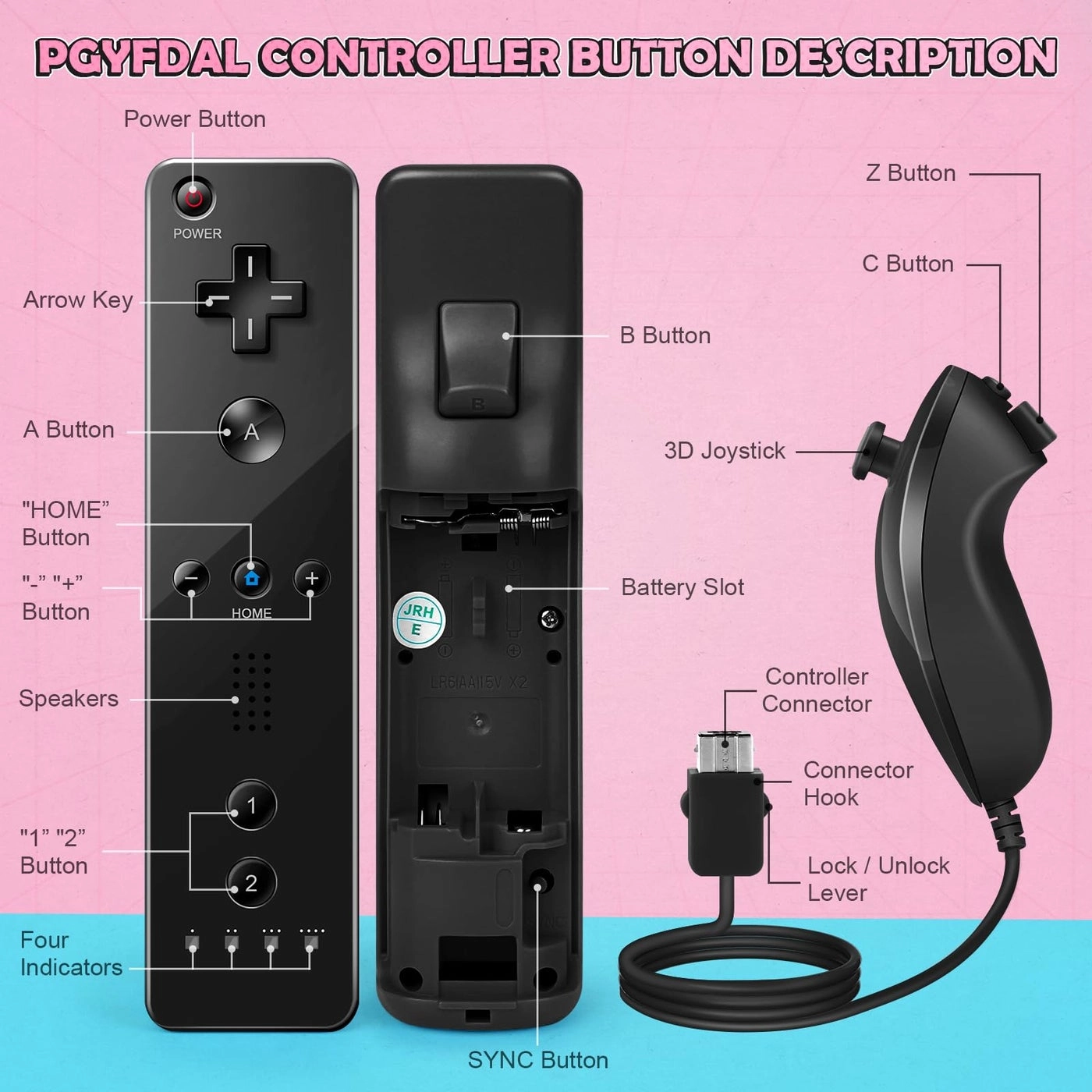 Wii Remote Controller + Nunchuck Joystick - Black and Pink