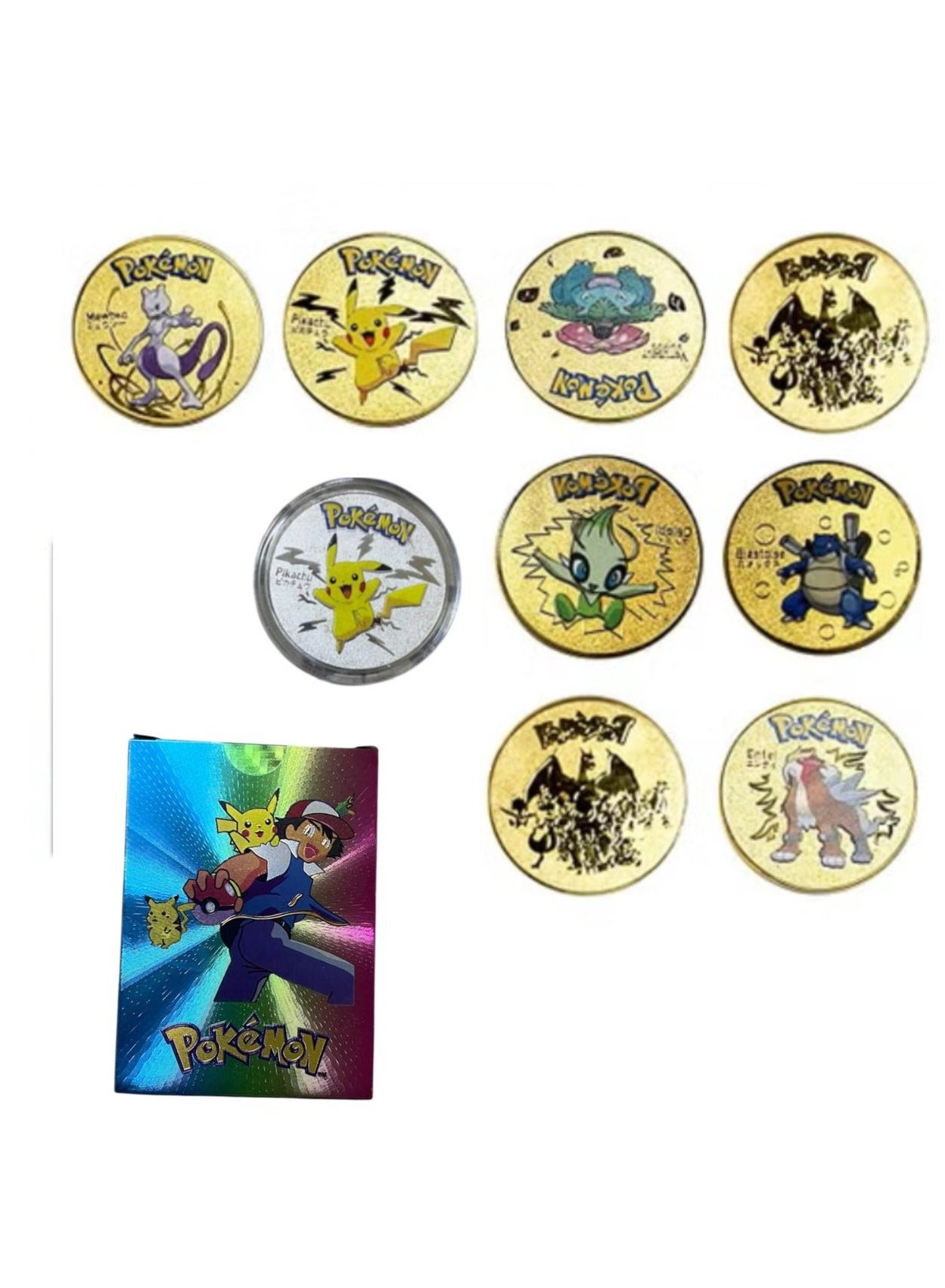 Pokémon Multicolor Foil Cards - 55pcs + Metal Commemorative Coins - 9pcs