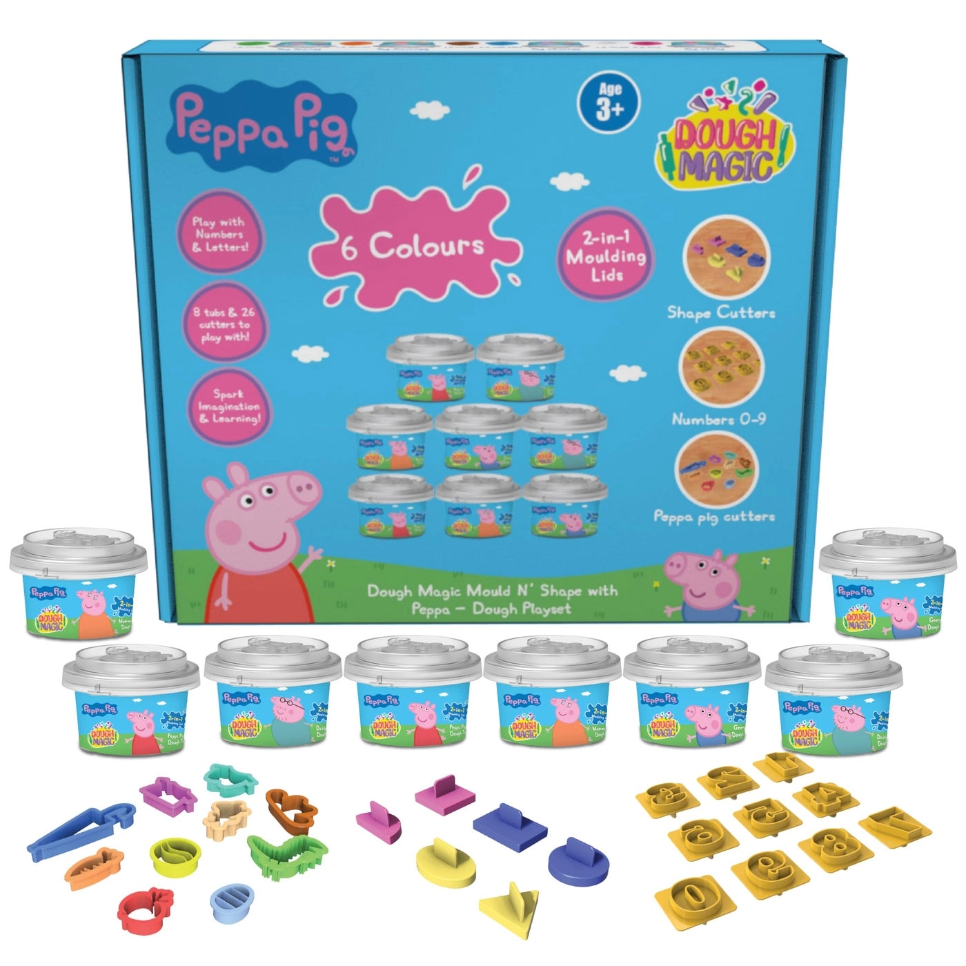 Mould N' Shape with Peppa Dough Playset - 3+ years 8xDough Tubs 10XPeppa Cutters,10XNumber & 6xShape Cutters