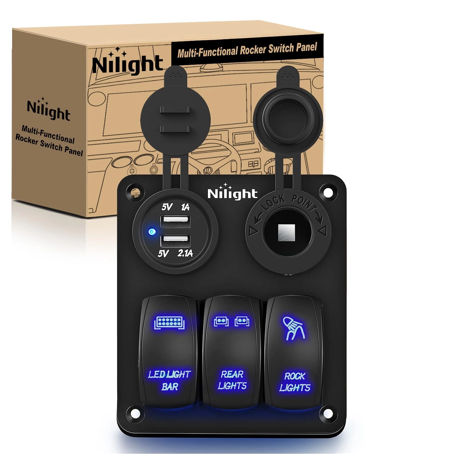 Nilight 3 Gang Rocker Switch Panel - USB Charger Cigarette Lighter 12V 24V