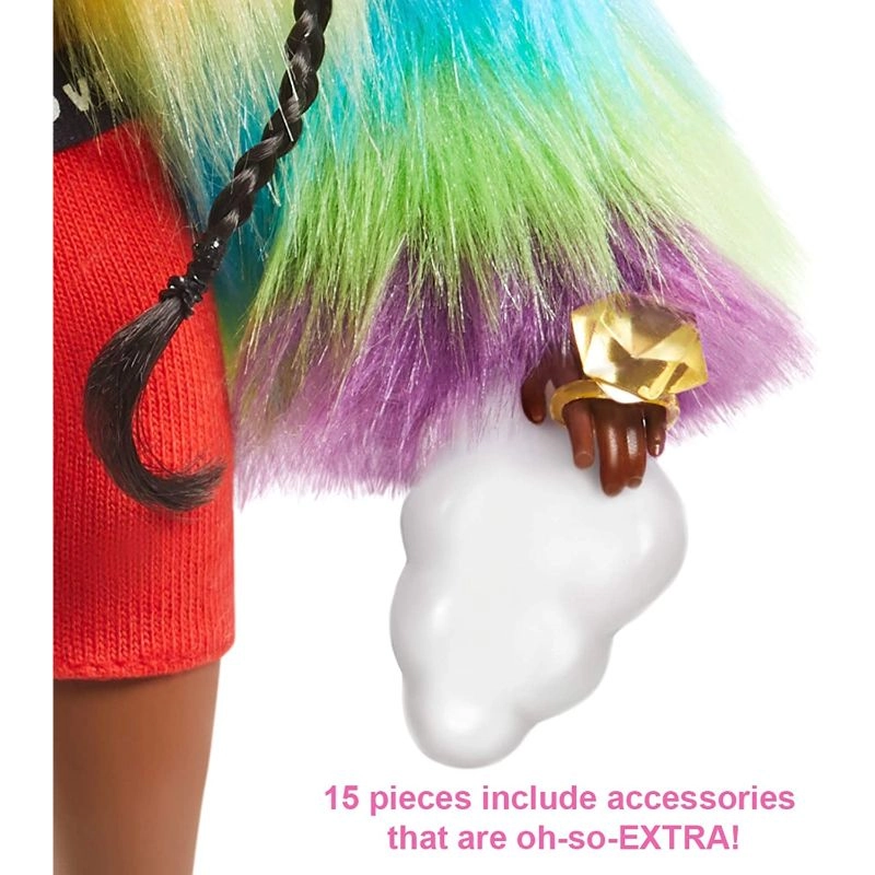 Barbie Extra - Brunette Furry Rainbow Coat Pet Poodle