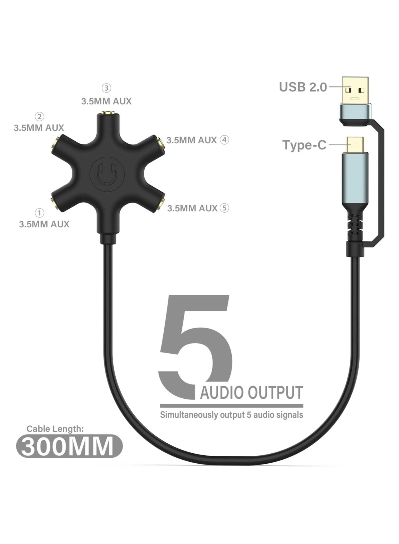 Headphone Splitter - 5-Jack 3.5mm USB Type-C