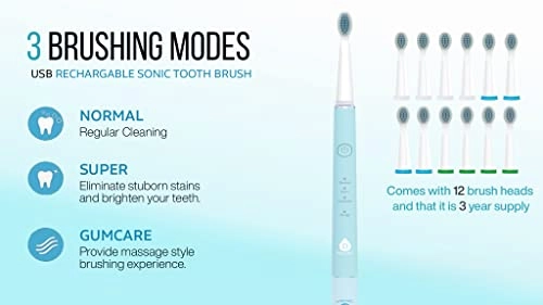 USB Rechargeable Sonic Toothbrush - 12 Brush Heads 38,000 STROKES PER MINUTE 3 BRUSHING MODES