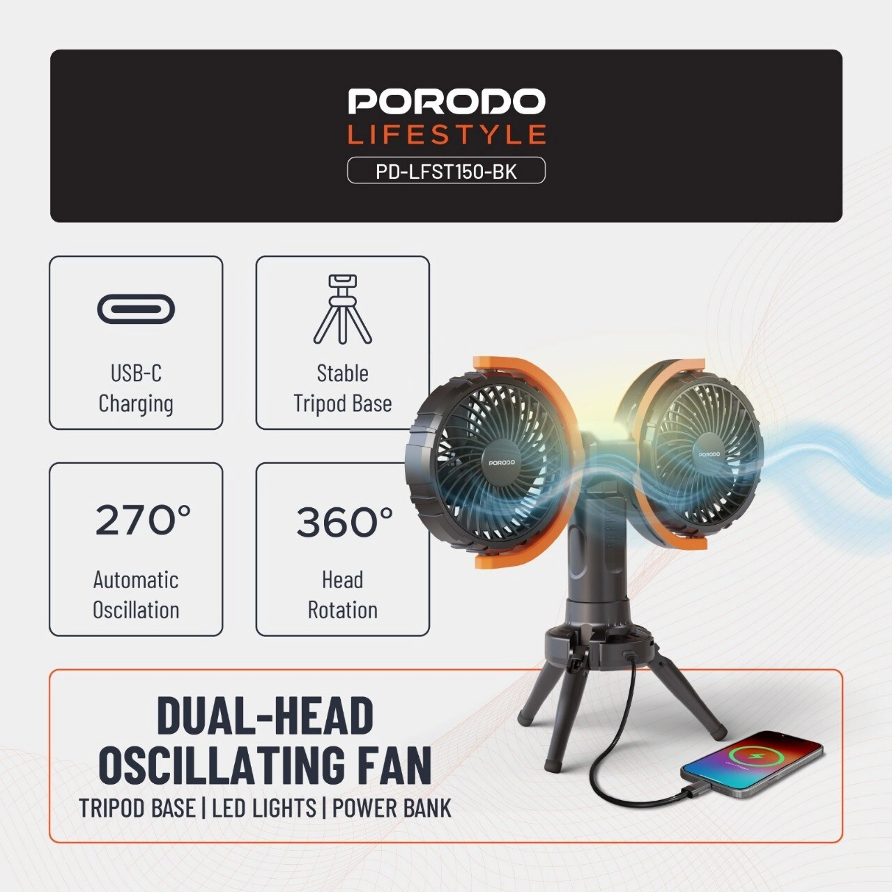 Lifestyle Dual-Head Oscillating Fan - 8000mAh USB-C Charging
