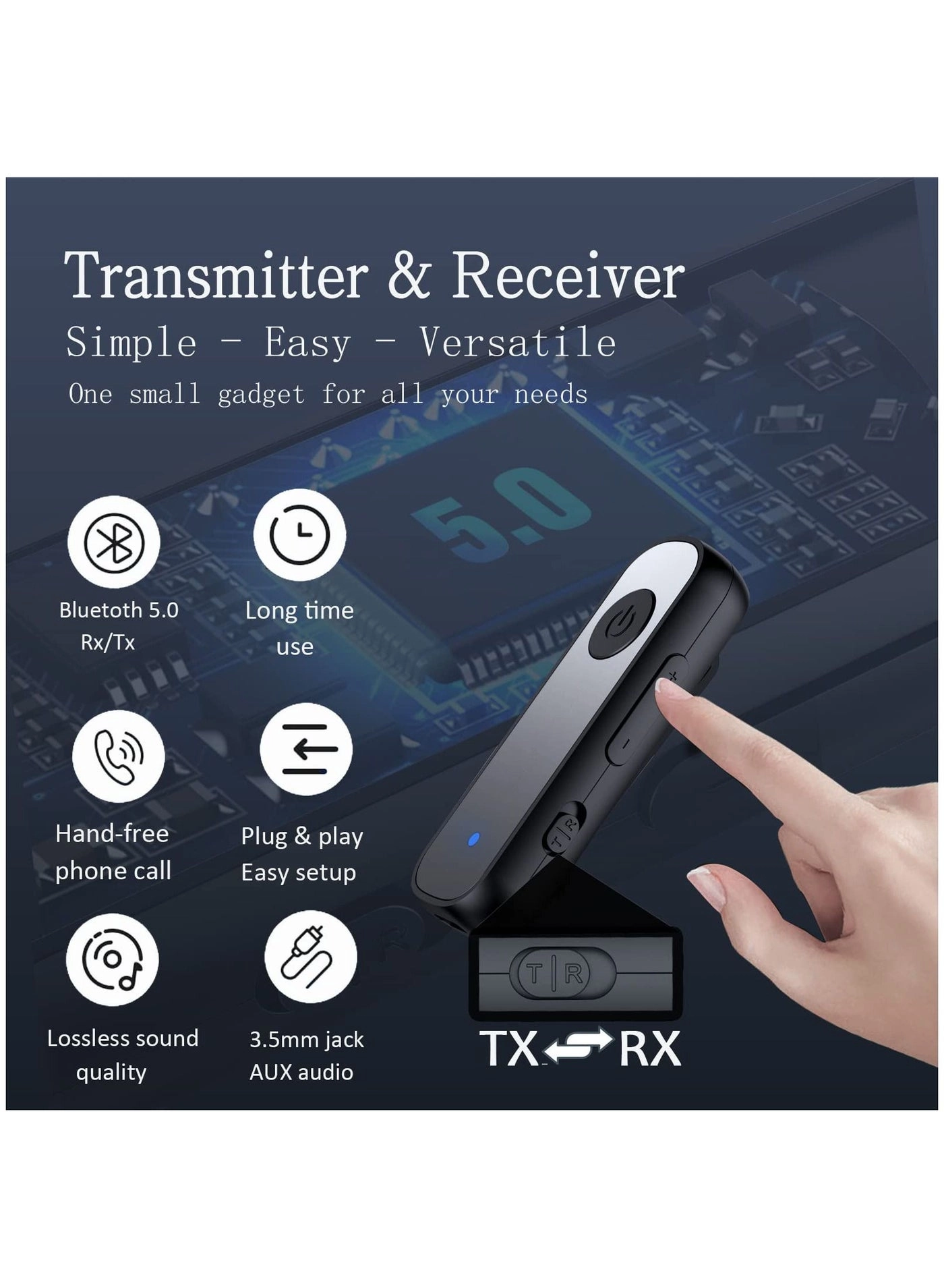 Bluetooth Adapter - 5.0 3.5mm Jack Aux built-in li-ion rechargeable 140mAh battery