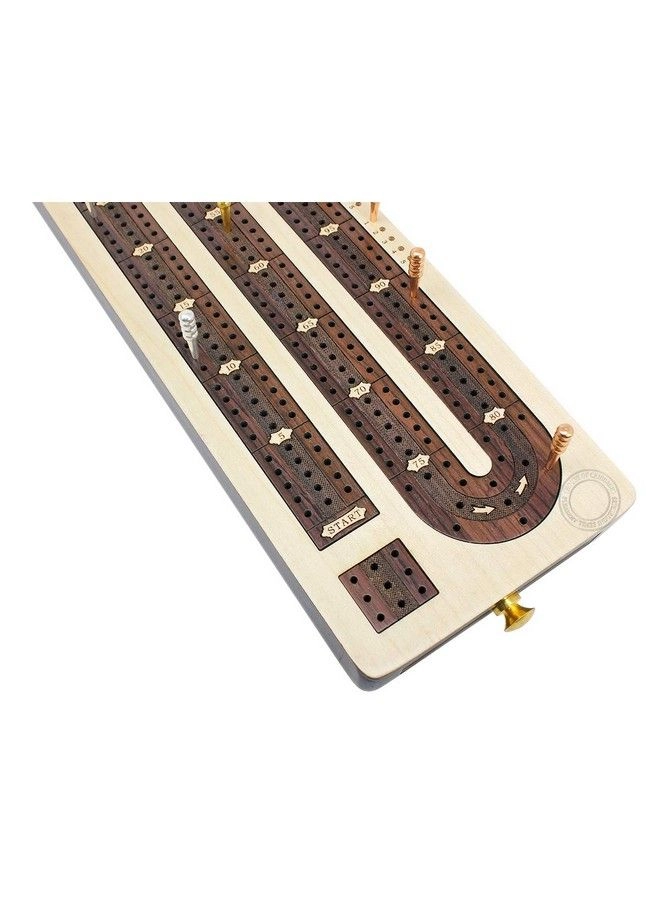 3 Track Continuous Cribbage Board - Inlaid In Rosewood Maple Wood Storage Drawer For Cribbage Pegs