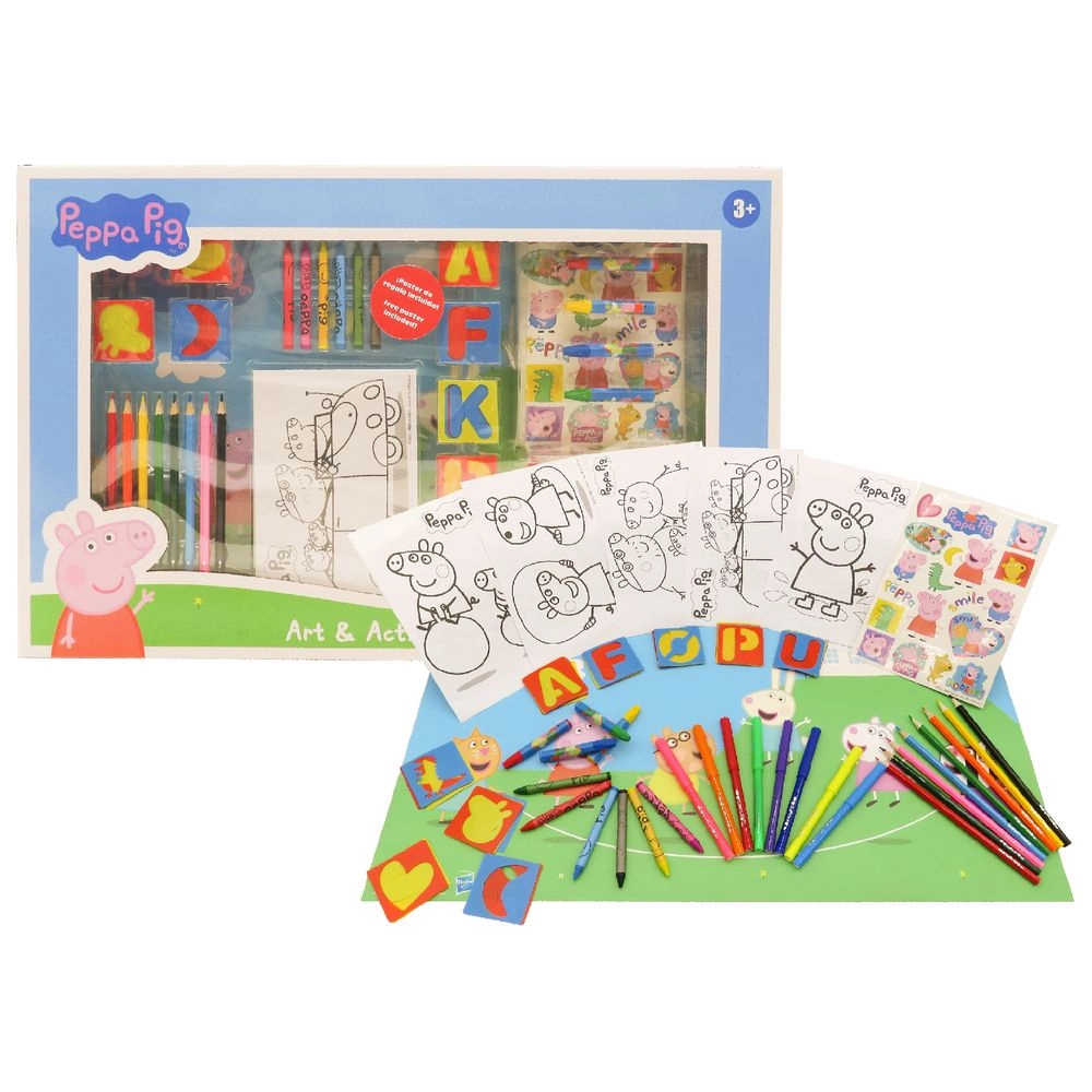 Peppa Pig Art Set - 67pcs 25 lettering stencils, 10 drawing stencils, 8 felt-tip pens, 8 coloured pencils, 6 coloured crayons