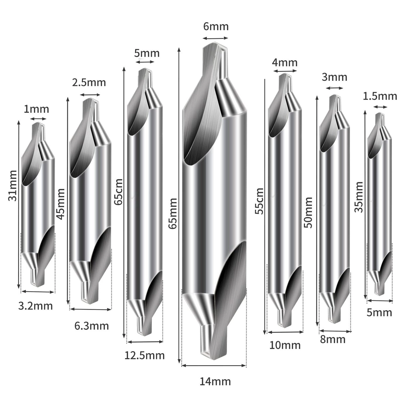 Center Drill Bits Set - High Speed Steel 7 pcs 1.0 1.5 2.0 2.5 3.0 4.0 5.0