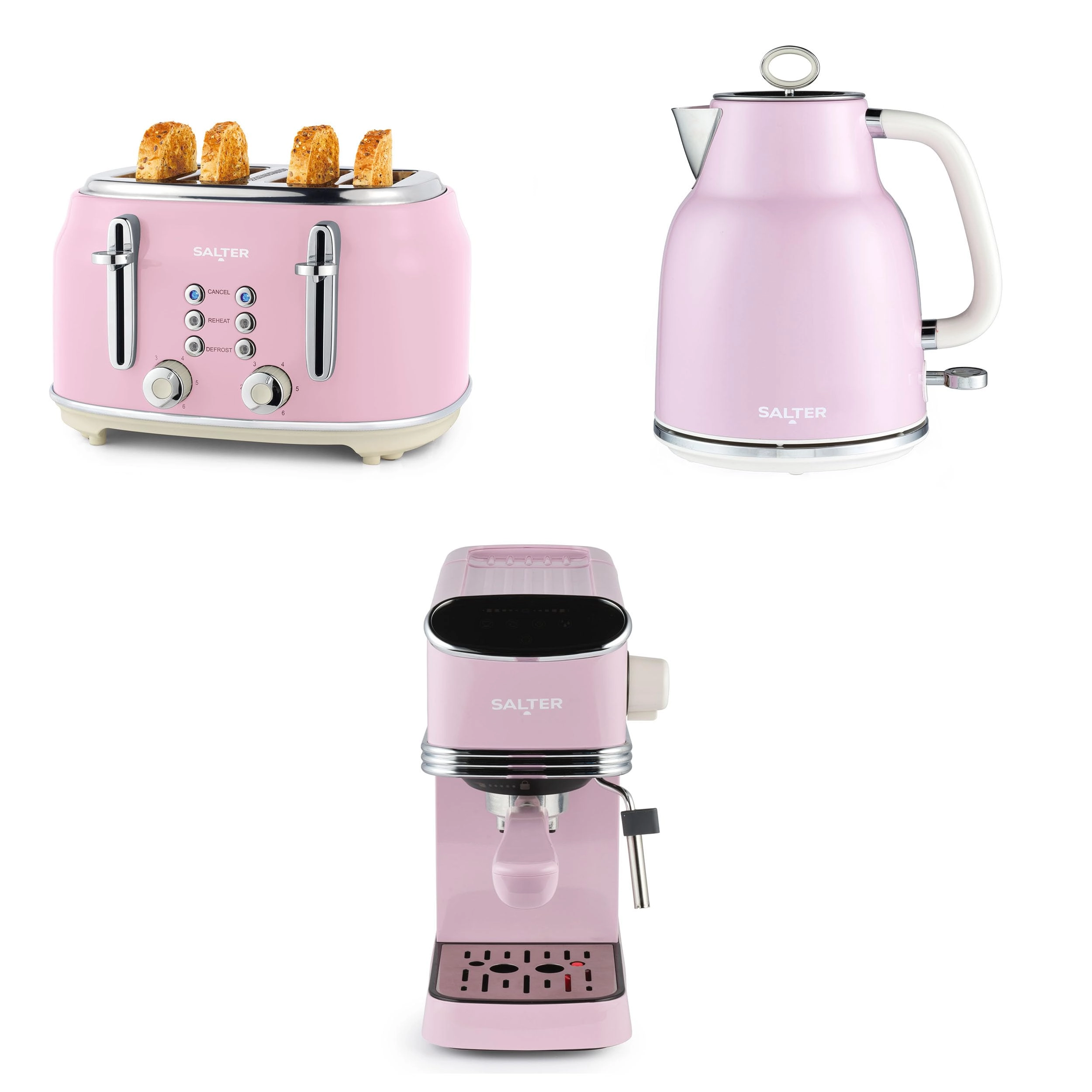 Salter Digital Espresso Machine - 1.35L + Electric Rapid Boil Kettle - 3KW + 4-Slice Toaster - 6 Browning Levels