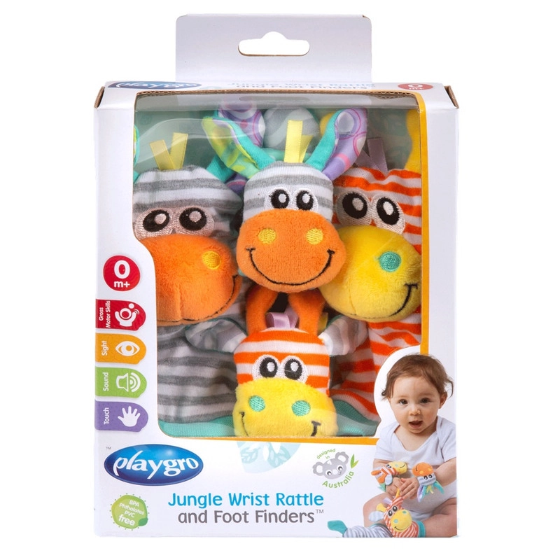Playgro Jungle Wrist Rattle And Foot Finder - Suitable for 0 months & above Polyester + Cotton + ABS Jungle 2 pairs