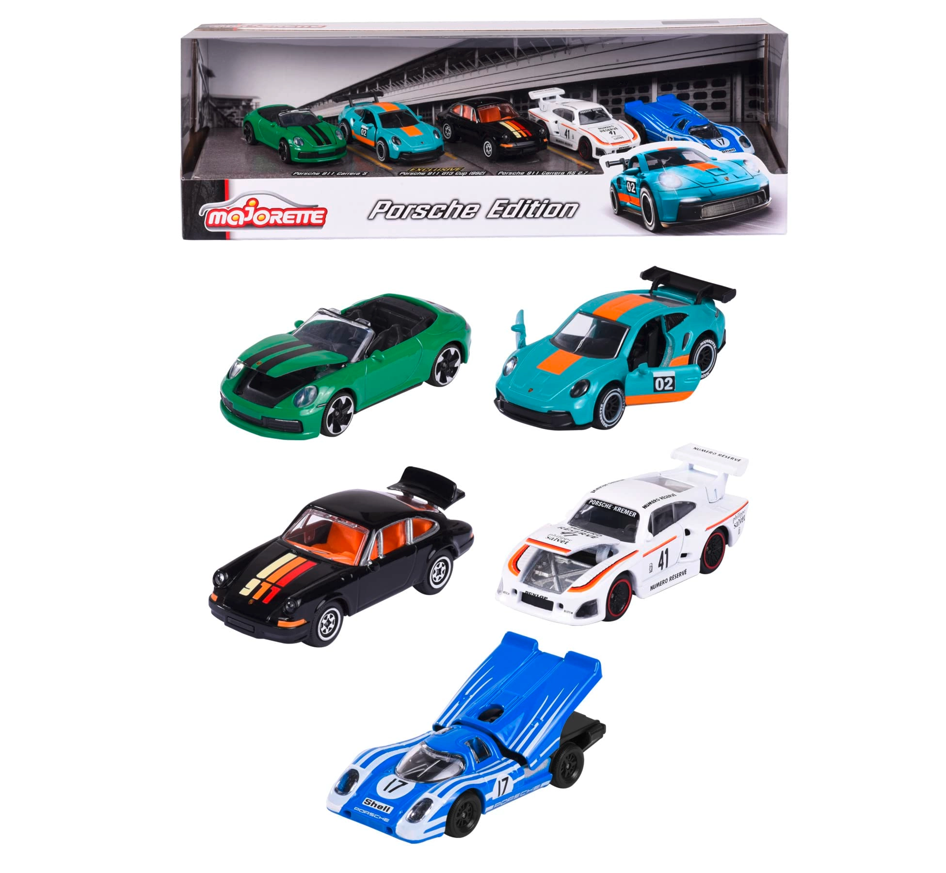 Porsche 917 + Porsche 911 Carrera RS 2.7 + Porsche 911 Carrera S Cabriolet + Porsche 935 K3 + Porsche 911 GT3 Cup (992) - 1:64 5pcs