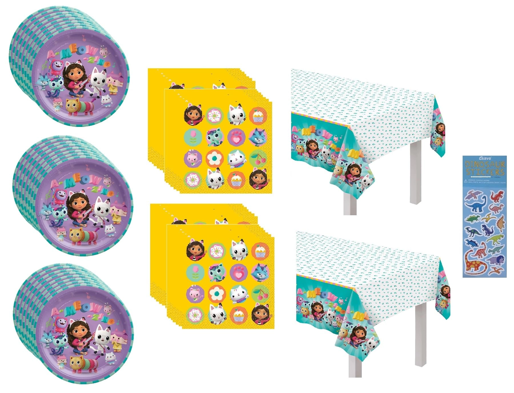 Unique Industries Inc Lunch Paper Plates + Paper Napkins + Plastic Table Cover + Dinosaur Sticker Sheet - 58.0 Count Birthday
