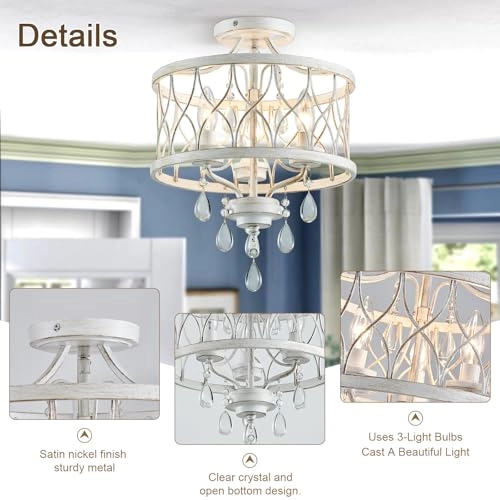 Crystal Ceiling Light Fixture - 3-Light Semi Flush Mount White
