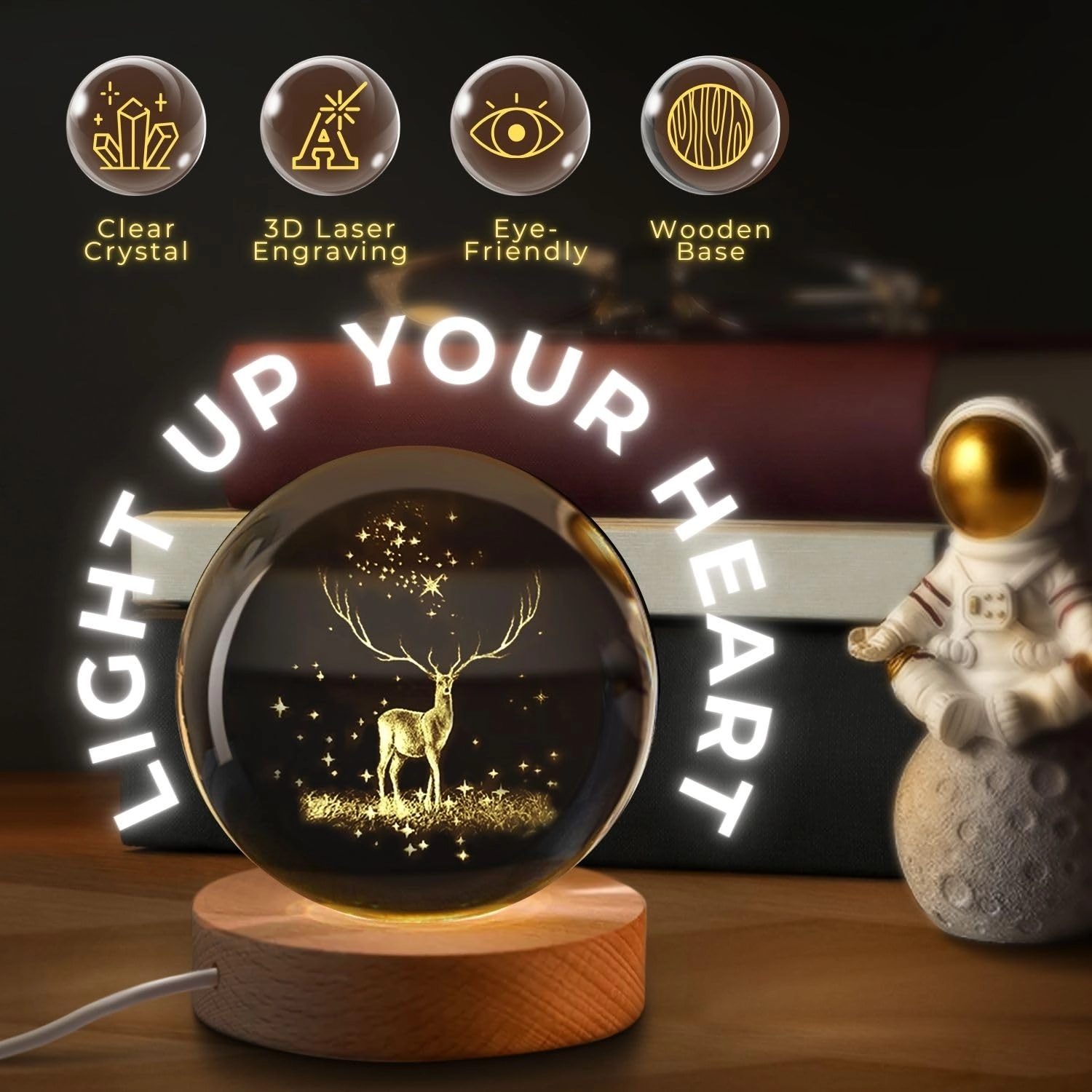 3D Engraved Deer Crystal Globe Lamp - Warm White USB Wooden Base