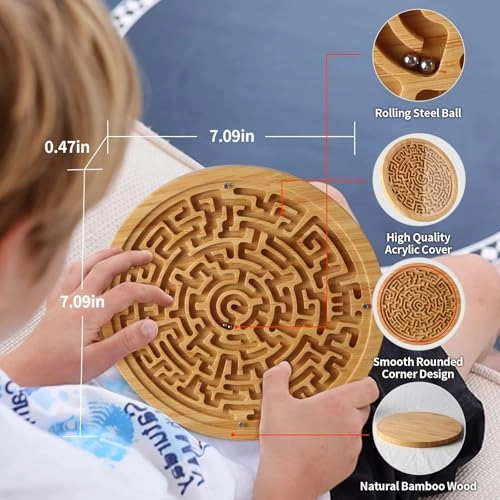 Round Wooden Labyrinth Board - Two metal balls 18x18x1.2cm