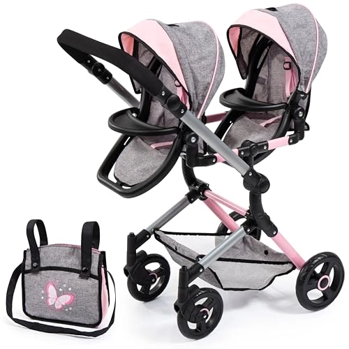 Bayer Twin Doll Pram - Neo Grey Pink Butterfly Jean Look