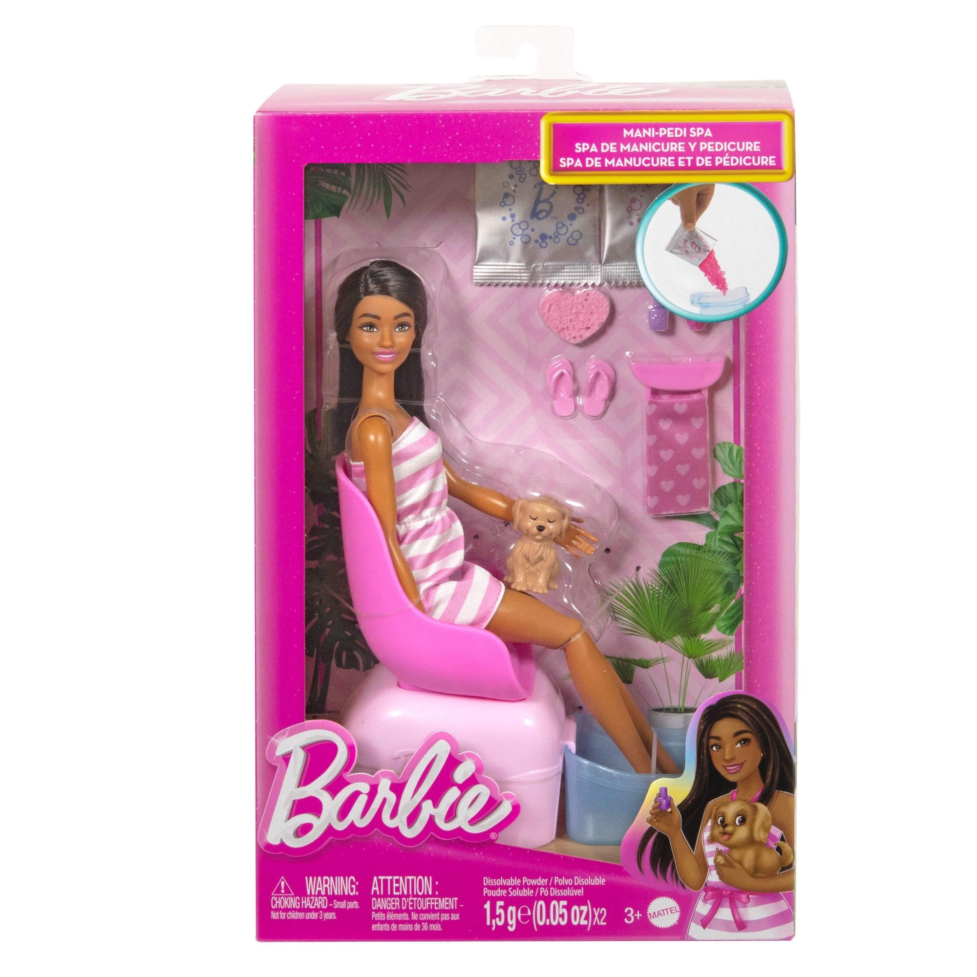 Barbie Mani-Pedi Spa Playset - Brunette Fashion Doll Puppy Color-Change