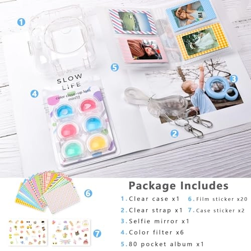 Clear Case - with Strap + Mini Photo Album - 80 Photos + Selfie Mirror + DIY Stickers - x2 + Color Filter - x4