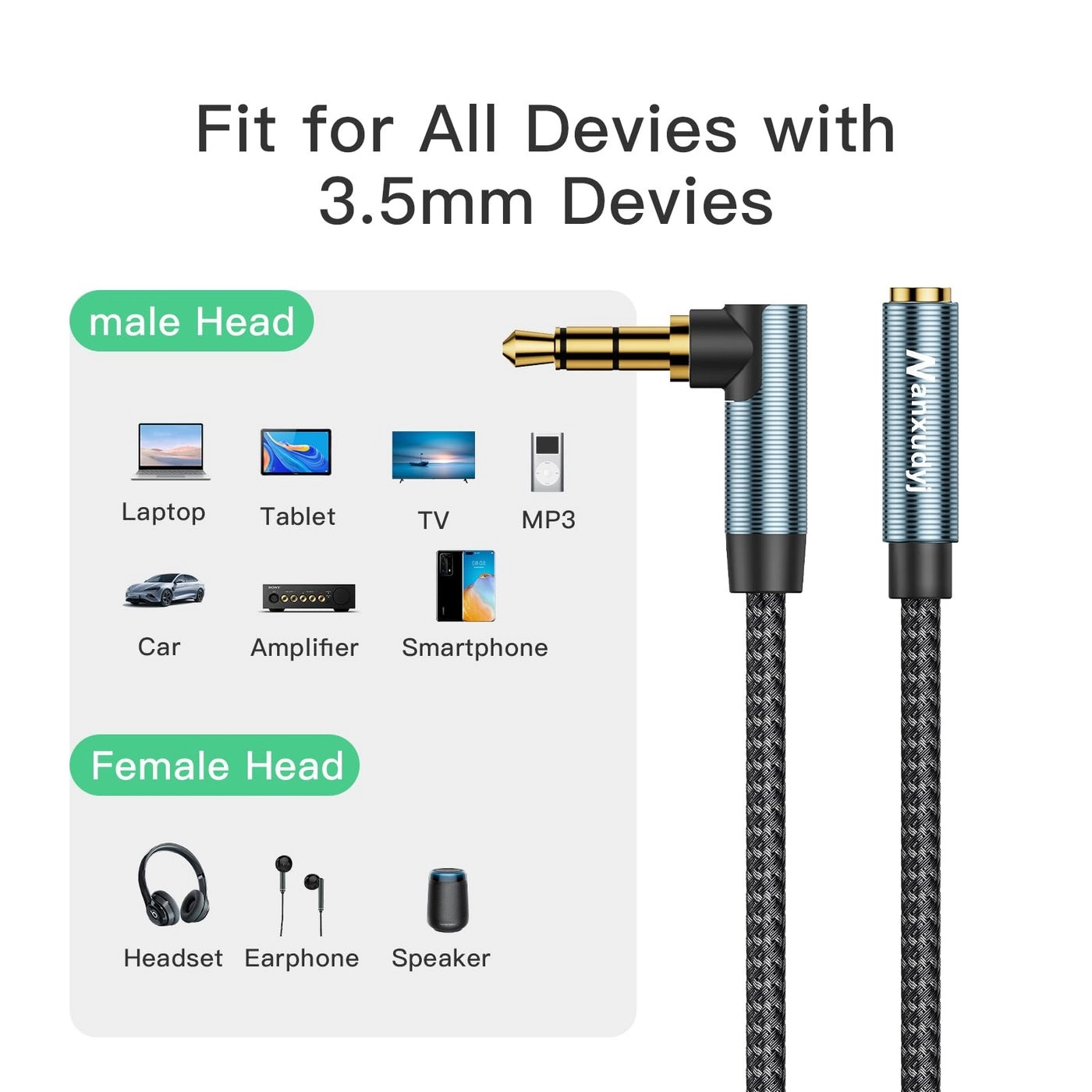 3.5mm Headphone Extension Cable for Smartphones, Tablets, Media Players - 6FT Right Angle Male to Female