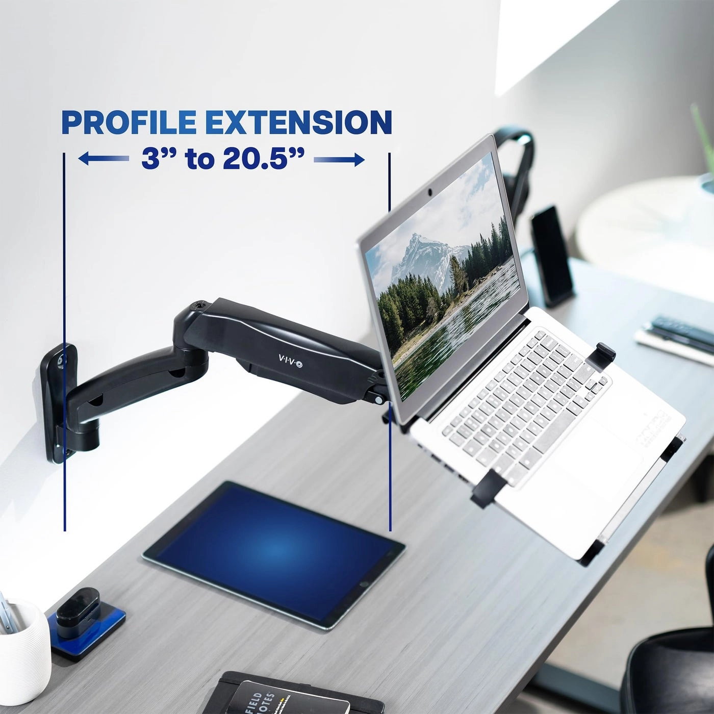 Height Adjustable Pneumatic Extended Arm Laptop Wall Mount - 10 to 15.6 inch