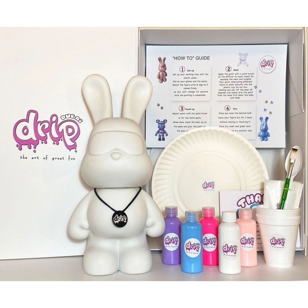 DIY Bunny Fluid Acrylic Pouring Paint Kit - 5 acrylic paints 2 oz/60 ml each; apron; clear cups; plate; gloves; paintbrush; pipette; spoon; table sheet