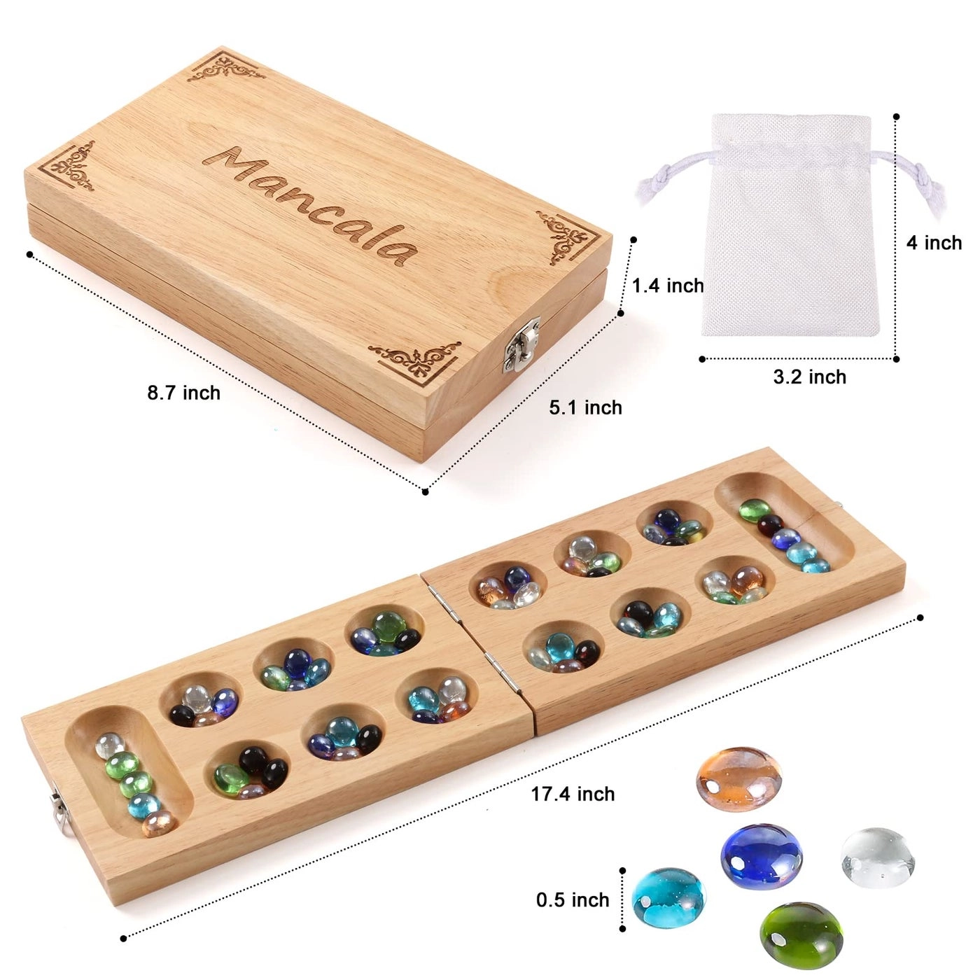 Mancala - Folding Rubber Wood Board 58 glass stones