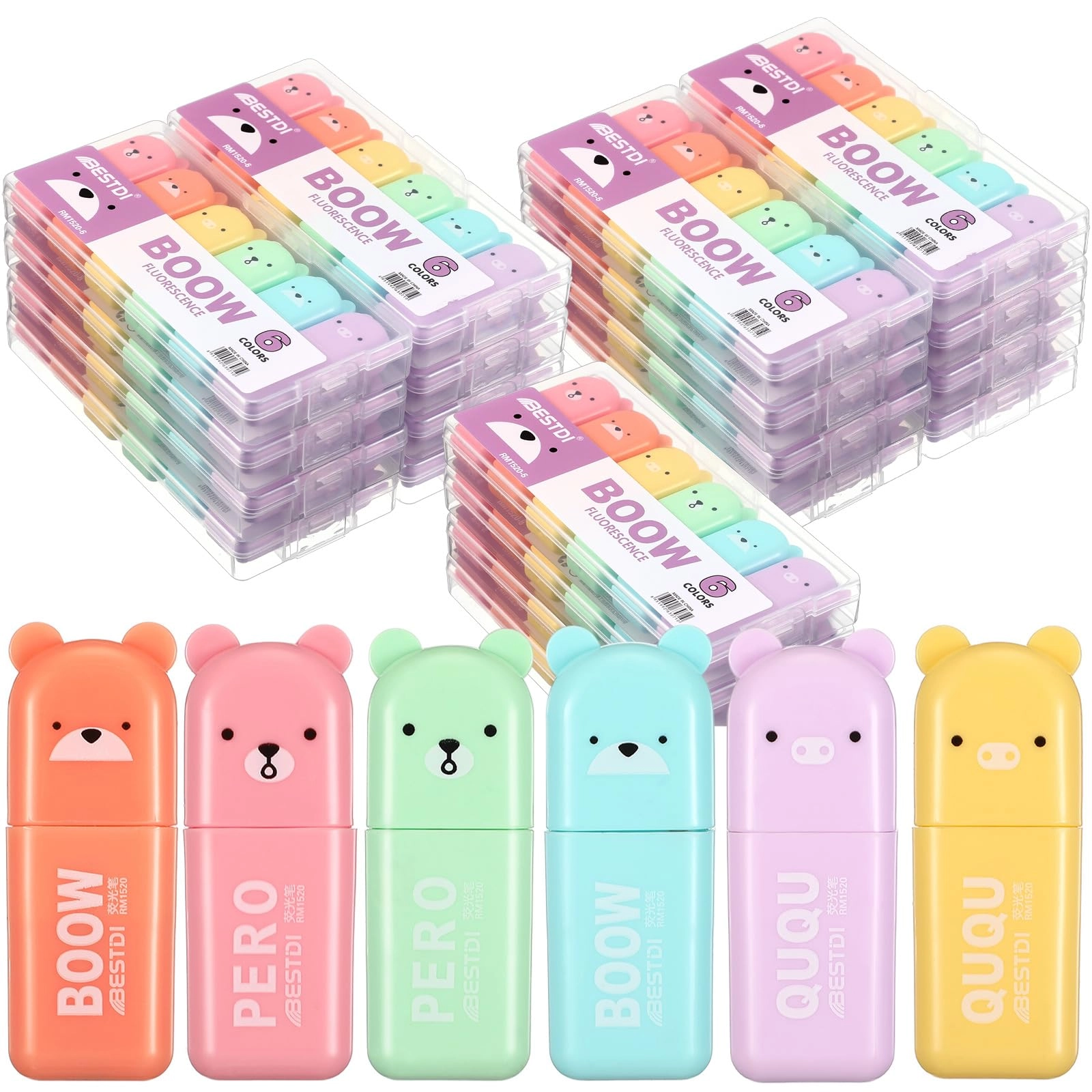 fuutreo Mini Bear Highlighter Set - red orange yellow blue green purple Chisel