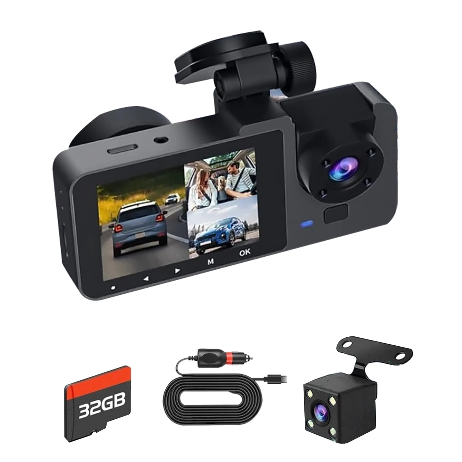 NATEFEMIN 3 Channel Dash Camera - 32GB Front and Rear