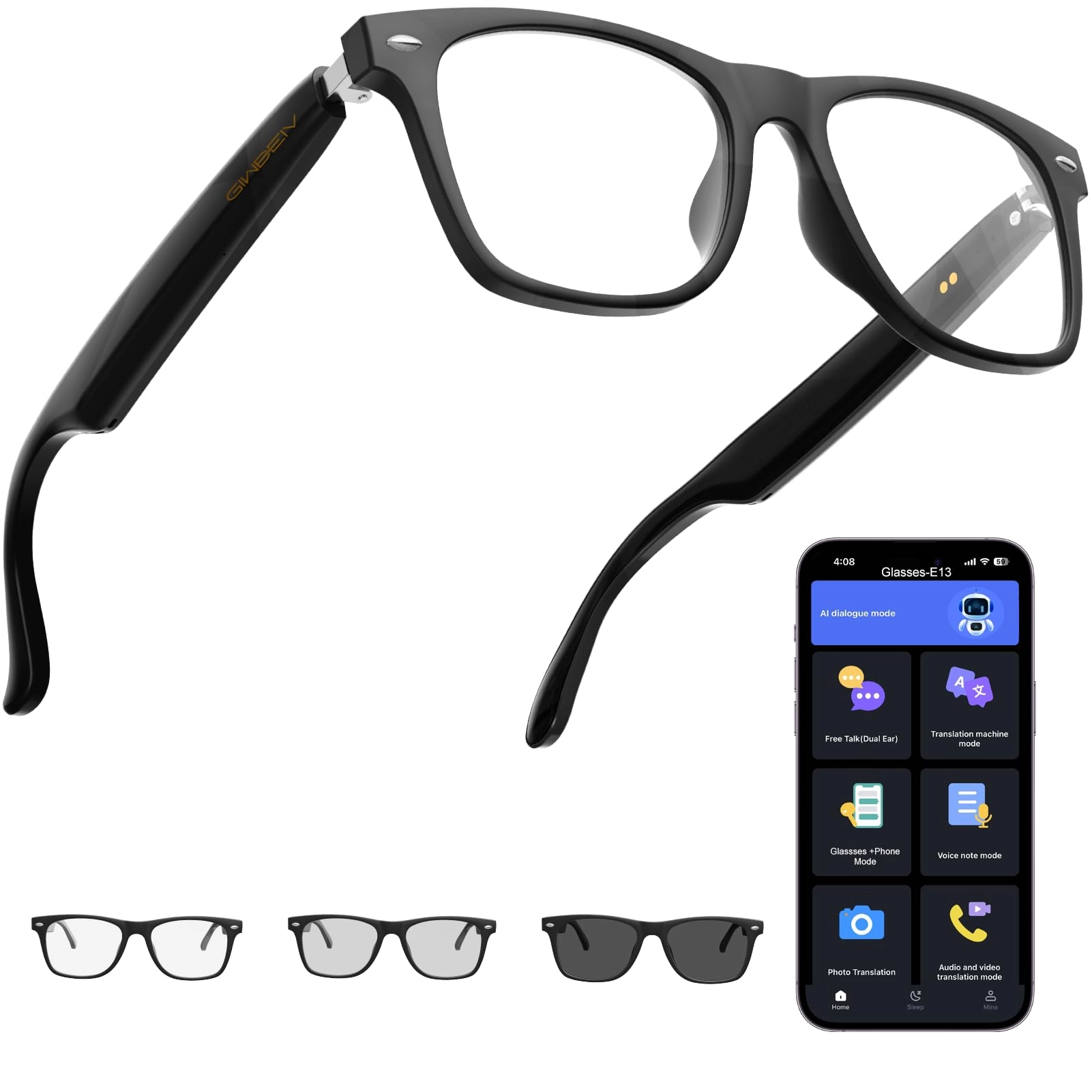 Giwbeiv AI Translation Smart Glasses - 164 Languages Color-Changing Lenses