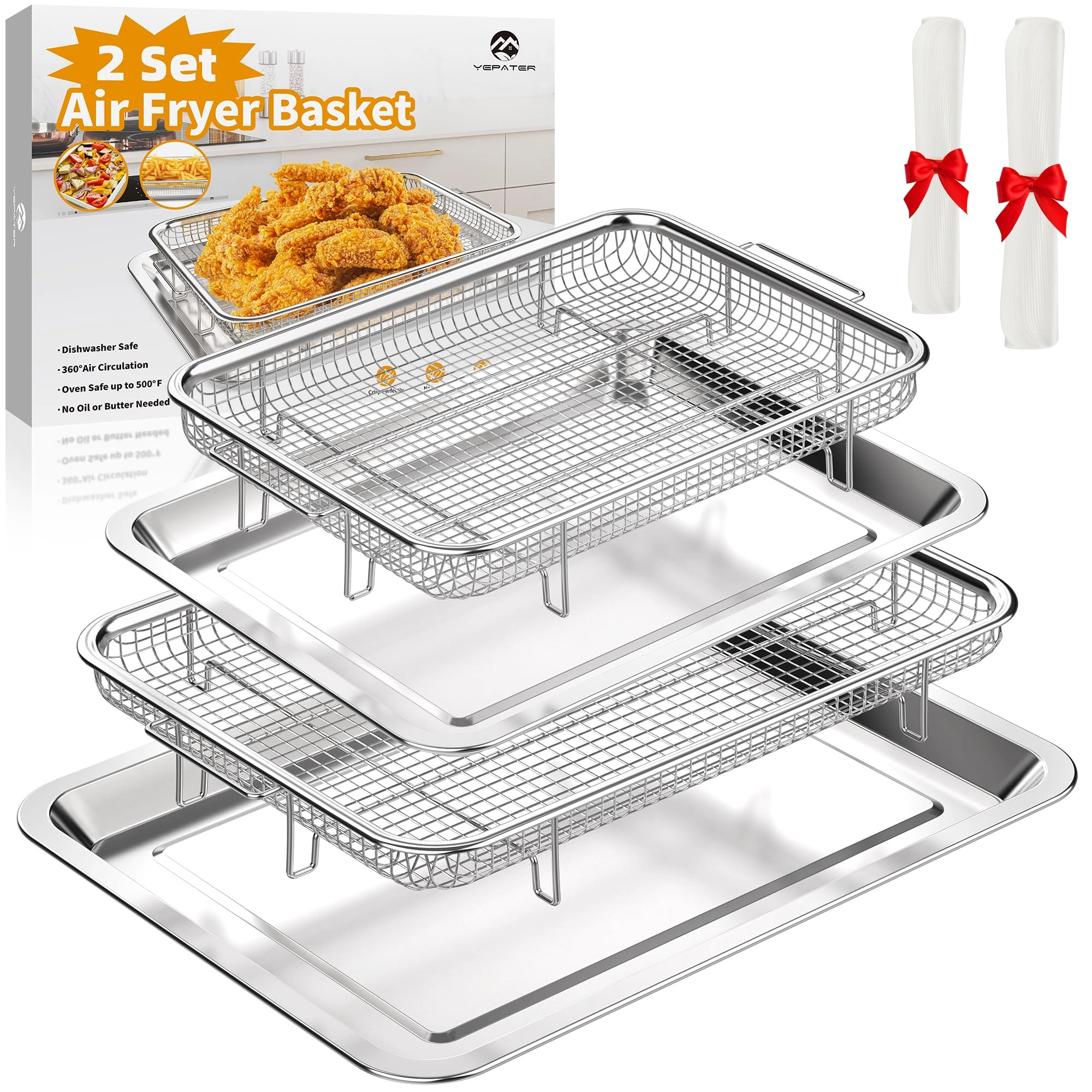 YEPATER Air Fryer Basket - Stainless Steel 2 Set