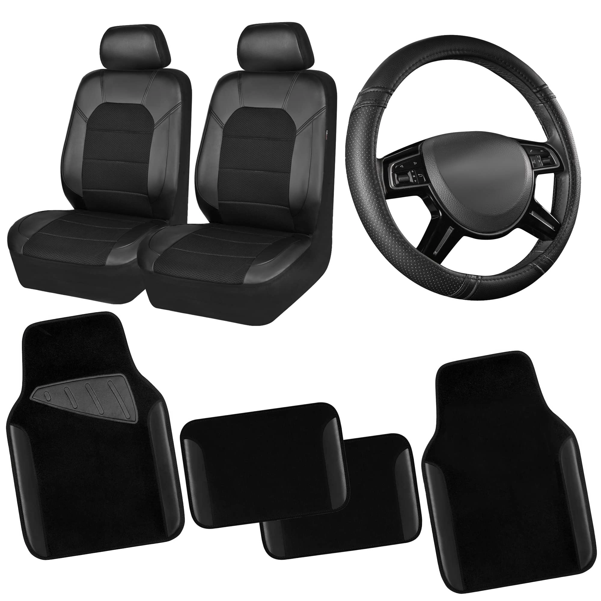 Car Seat Covers - Air Mesh Leather + Car Floor Mats - Waterproof + Steering Wheel Cover - Sporty