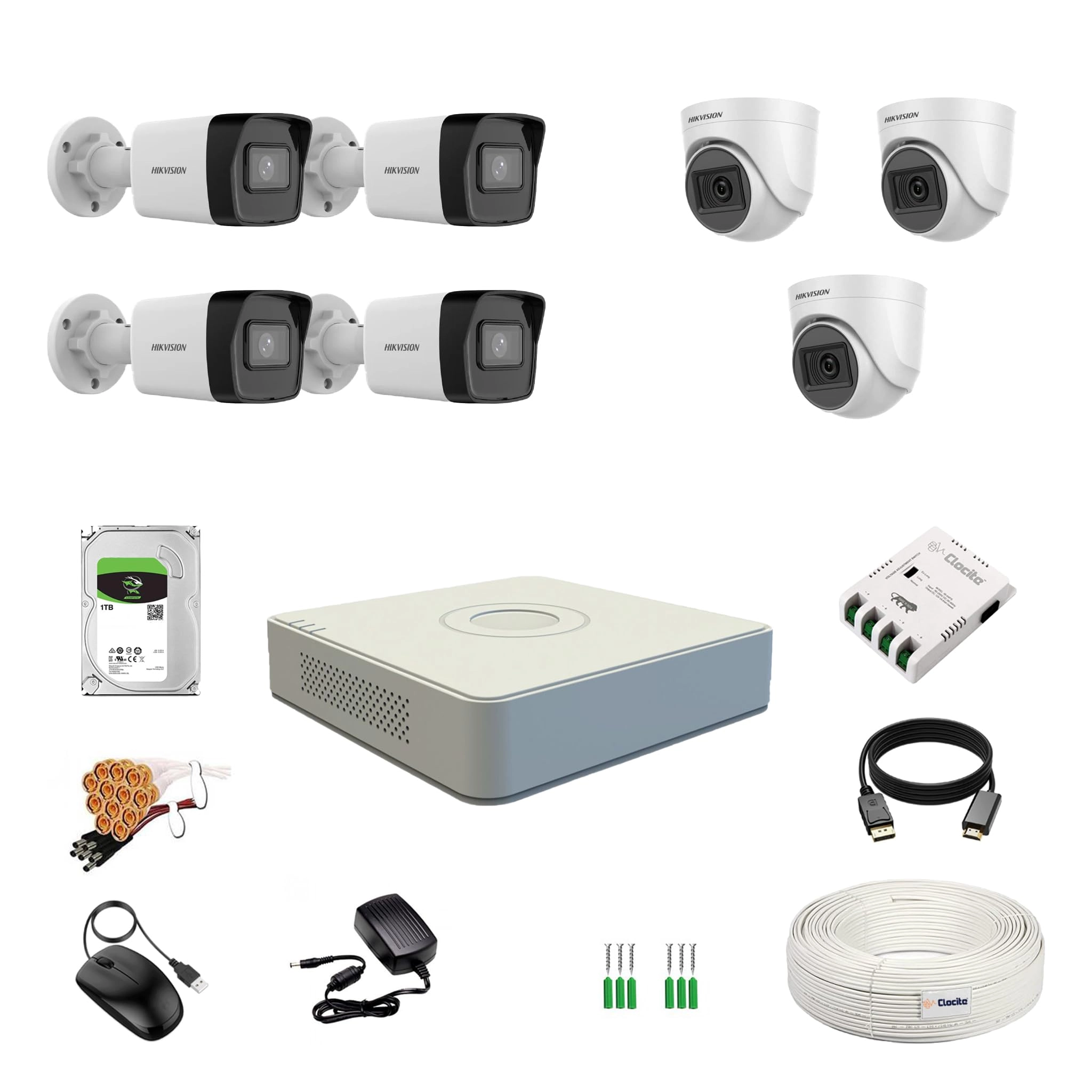 Prama Hikvision India Pvt.Ltd 8 Channel DVR + Dome Camera + Bullet Camera + Hard Disk - 1TB + CCTV Coaxial Cable + SMPS + BNC & DC Connectors