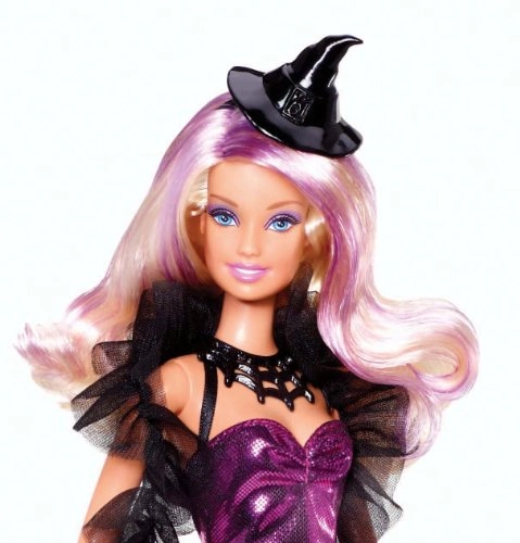 Halloween Doll - Plastic purple highlighted hair witch costume