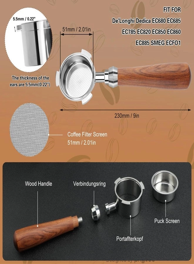 51mm Bottomless Portafilter - 3 Ears Compatible with Delonghi Dedica EC680 EC685 SMEG EUPA Rosewood Handle