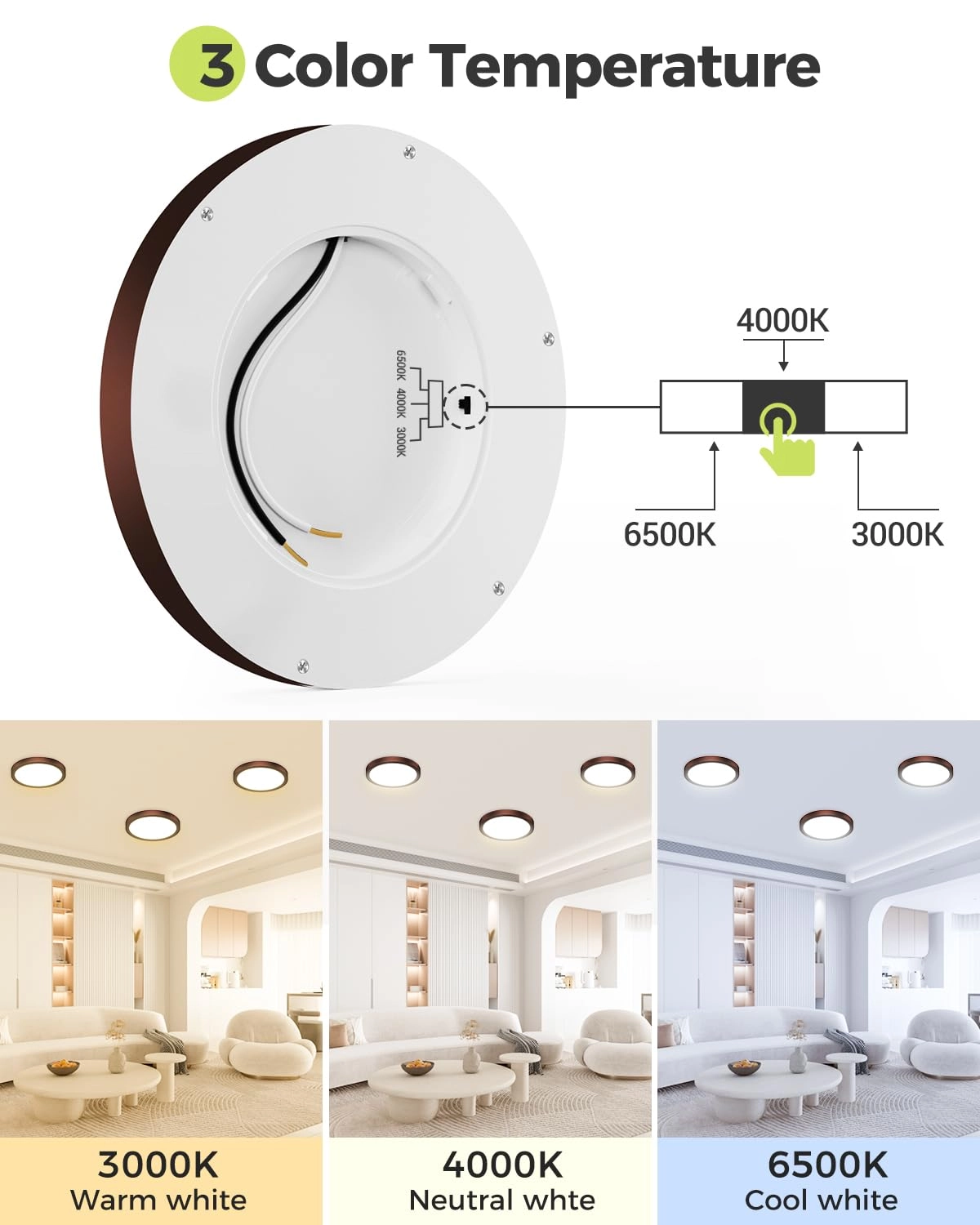 Flush Mount LED Ceiling Light - 3000K 4500K 6000K Dimmable