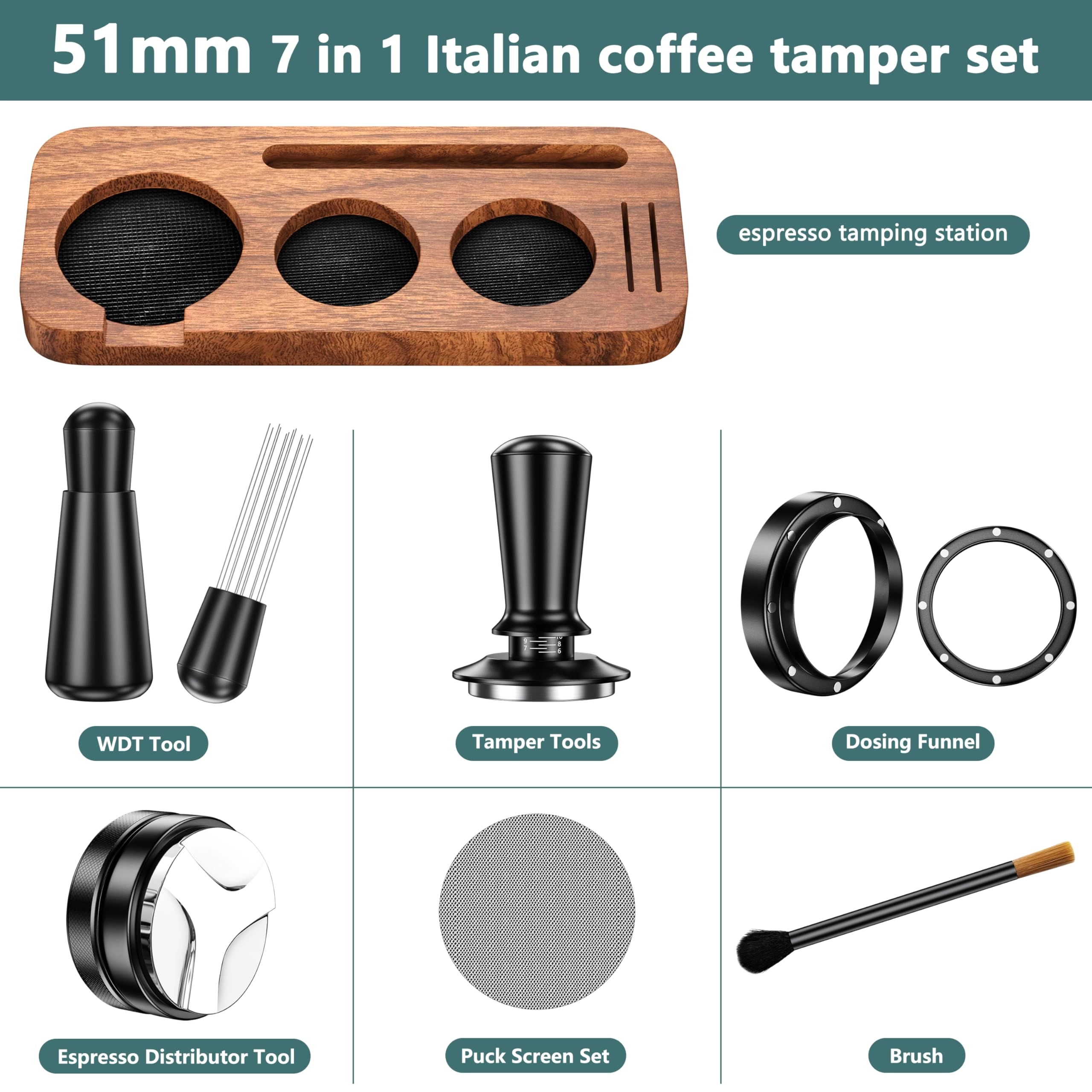Espresso Accessories Kit + Espresso Tool Kit - 58mm + Espresso Tamping Station + Coffee Distributor Tamper + WDT Tool + Dosing Funnel + Expresso Puck Screen