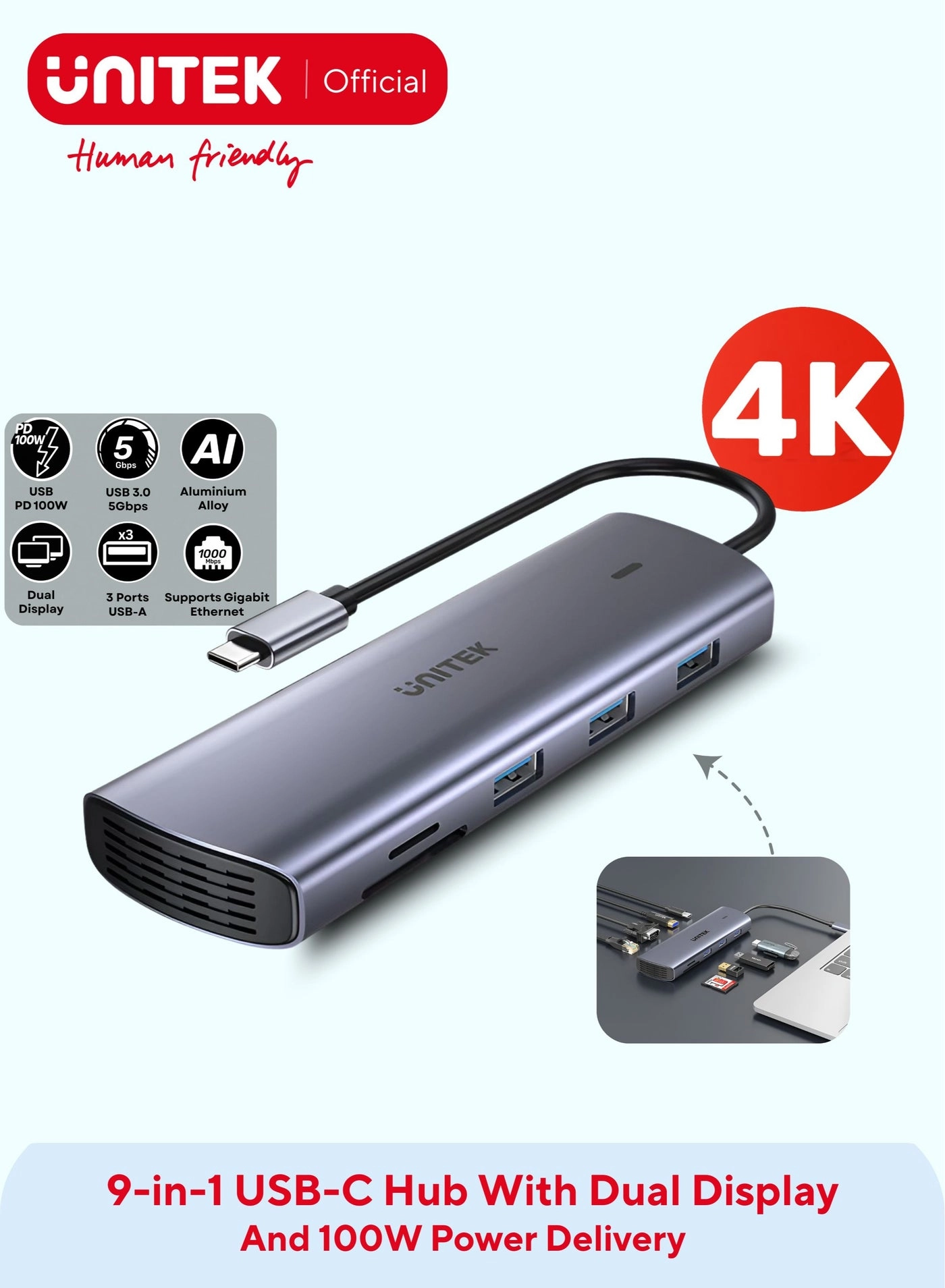 D1113A - 9-in-1 USB-C Hub 3x USB-A 5Gbps HDMI 4K@30Hz PD 100W
