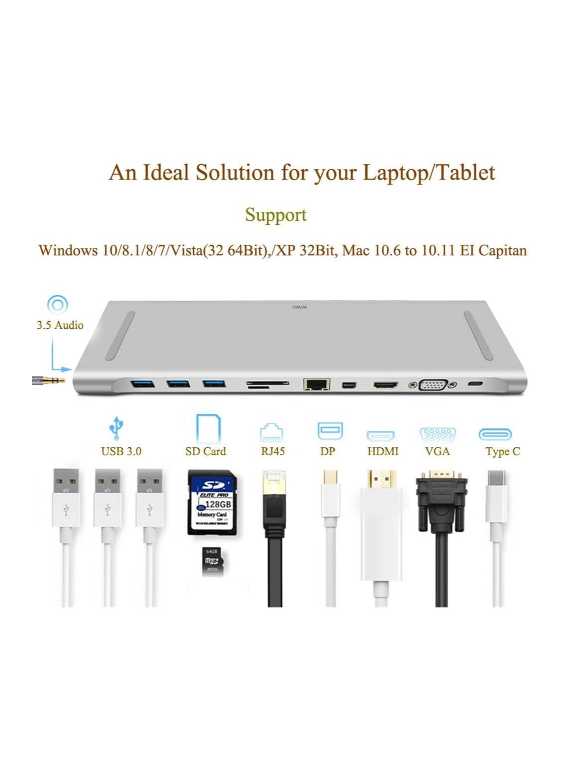 USB C Multi function Docking Station - 14 In 1 grey