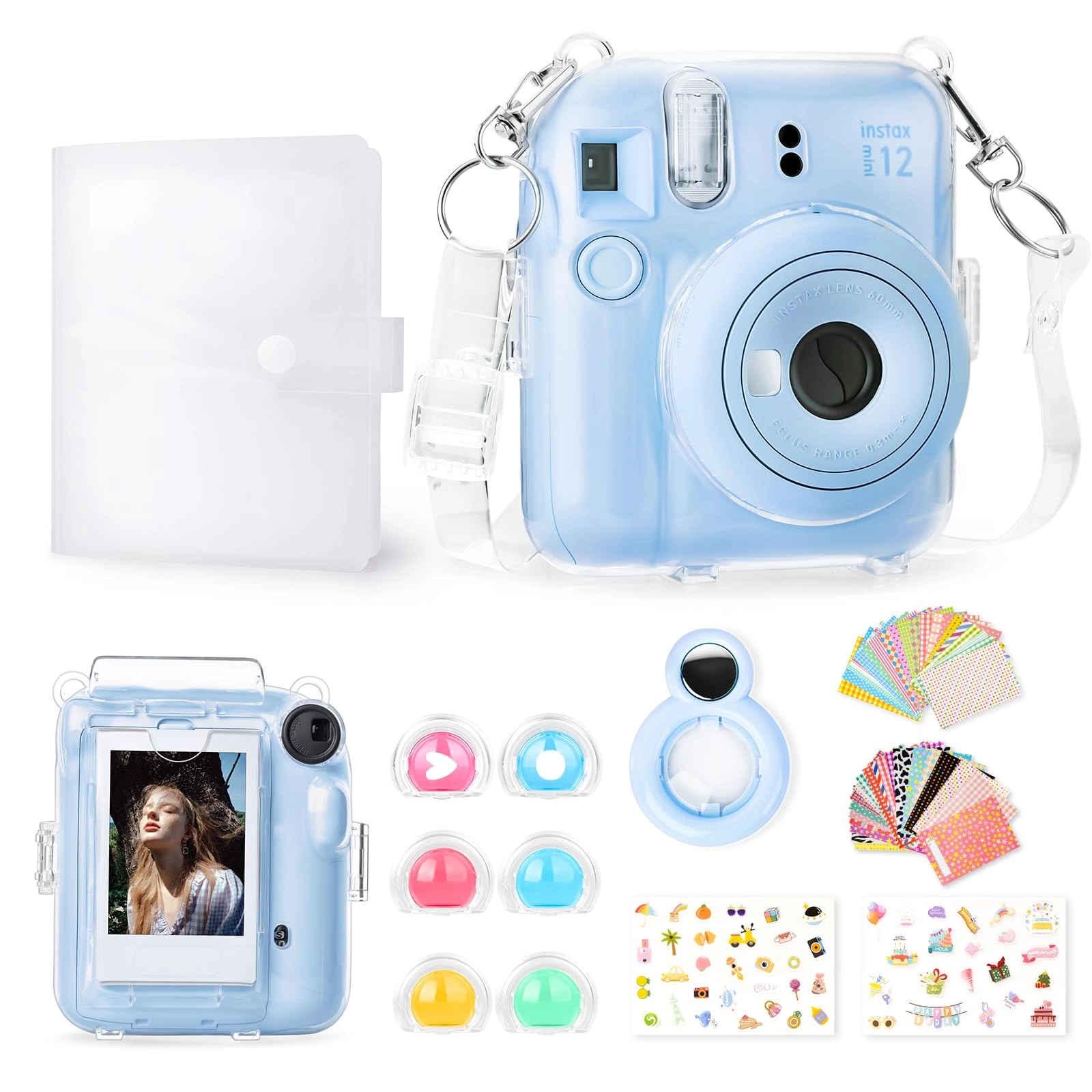 Rieibi Clear Case - with Strap + Mini Photo Album - 80 Photos + Selfie Mirror + DIY Stickers - x2 + Color Filter - x4
