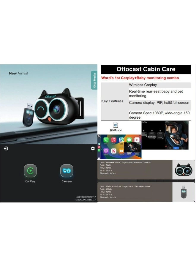 Smart Dash Camera - Cute Owl-Design High-Quality Video + USB CarPlay Adapter - For iPhone Wired CarPlay Vehicles