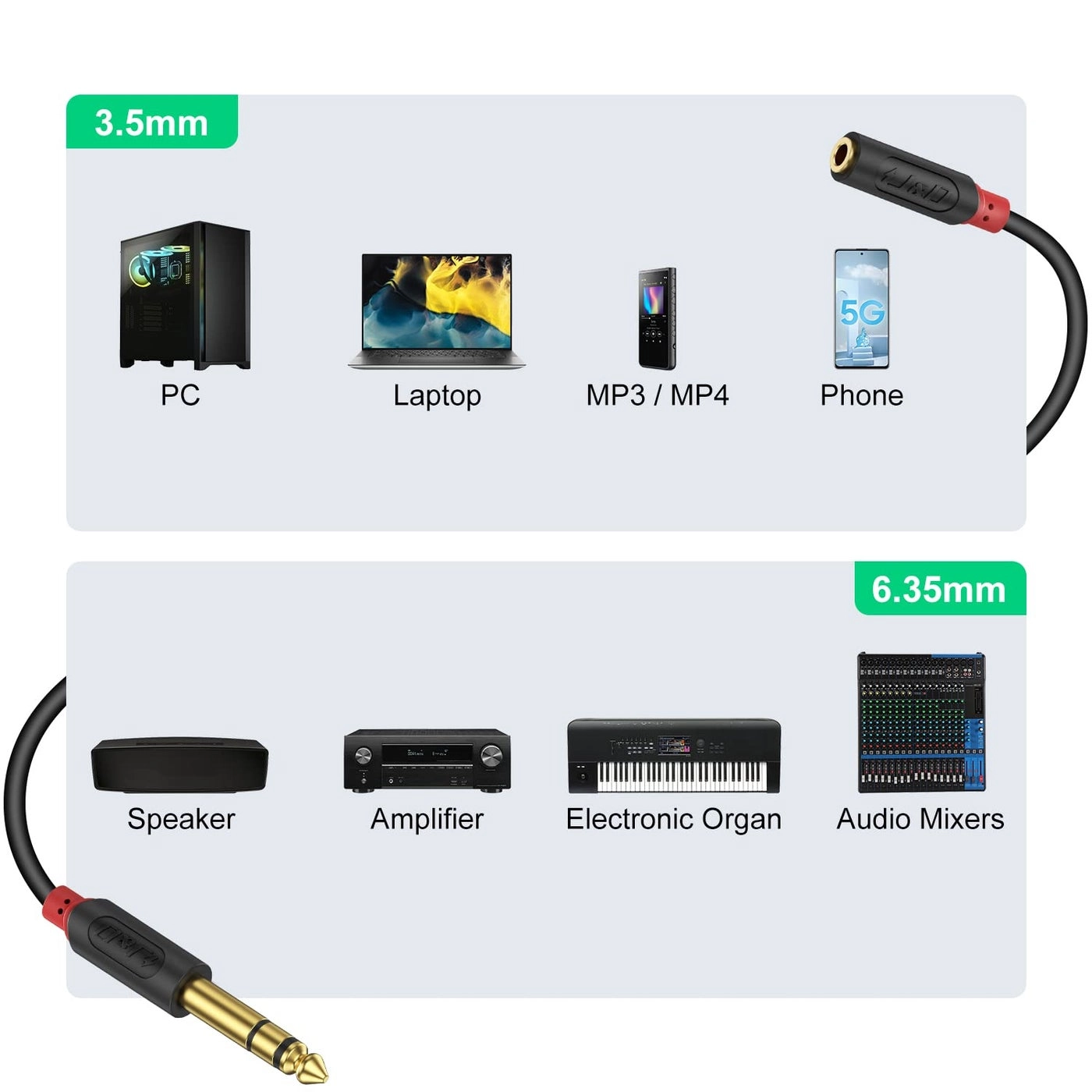 3.5mm to 1/4 Headphone Adapter Cable for Mixer Guitar Piano Amplifier Speaker - 15FT