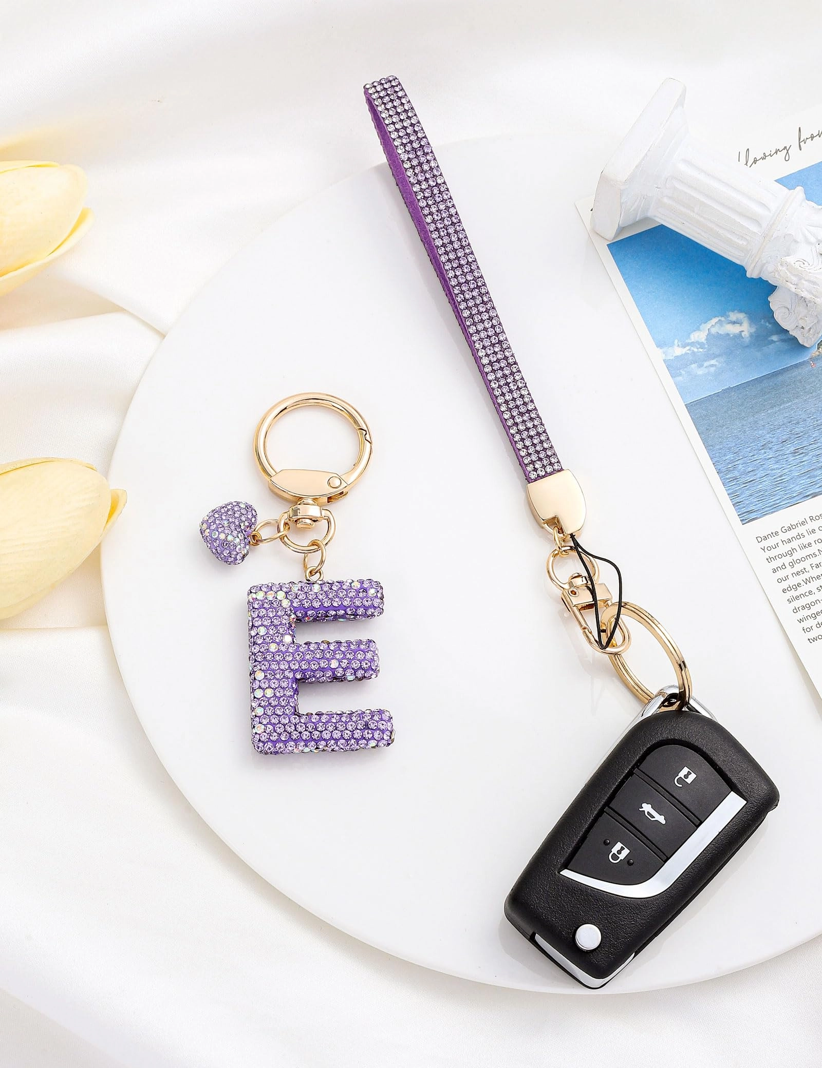 Initial Keychain - L Purple Rhinestone