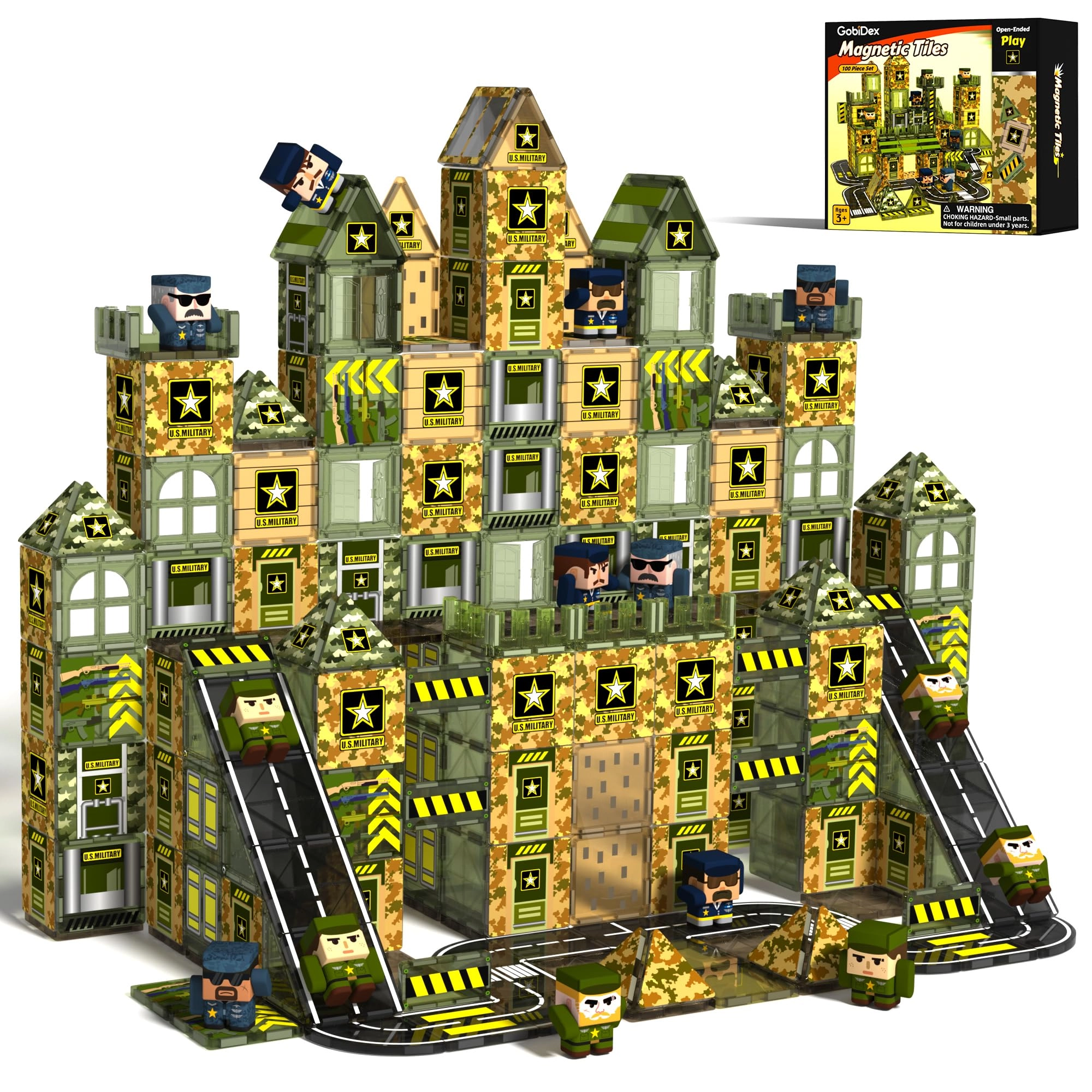 GobiDex Army Magnetic Tiles - Road Set with Toy Soldiers