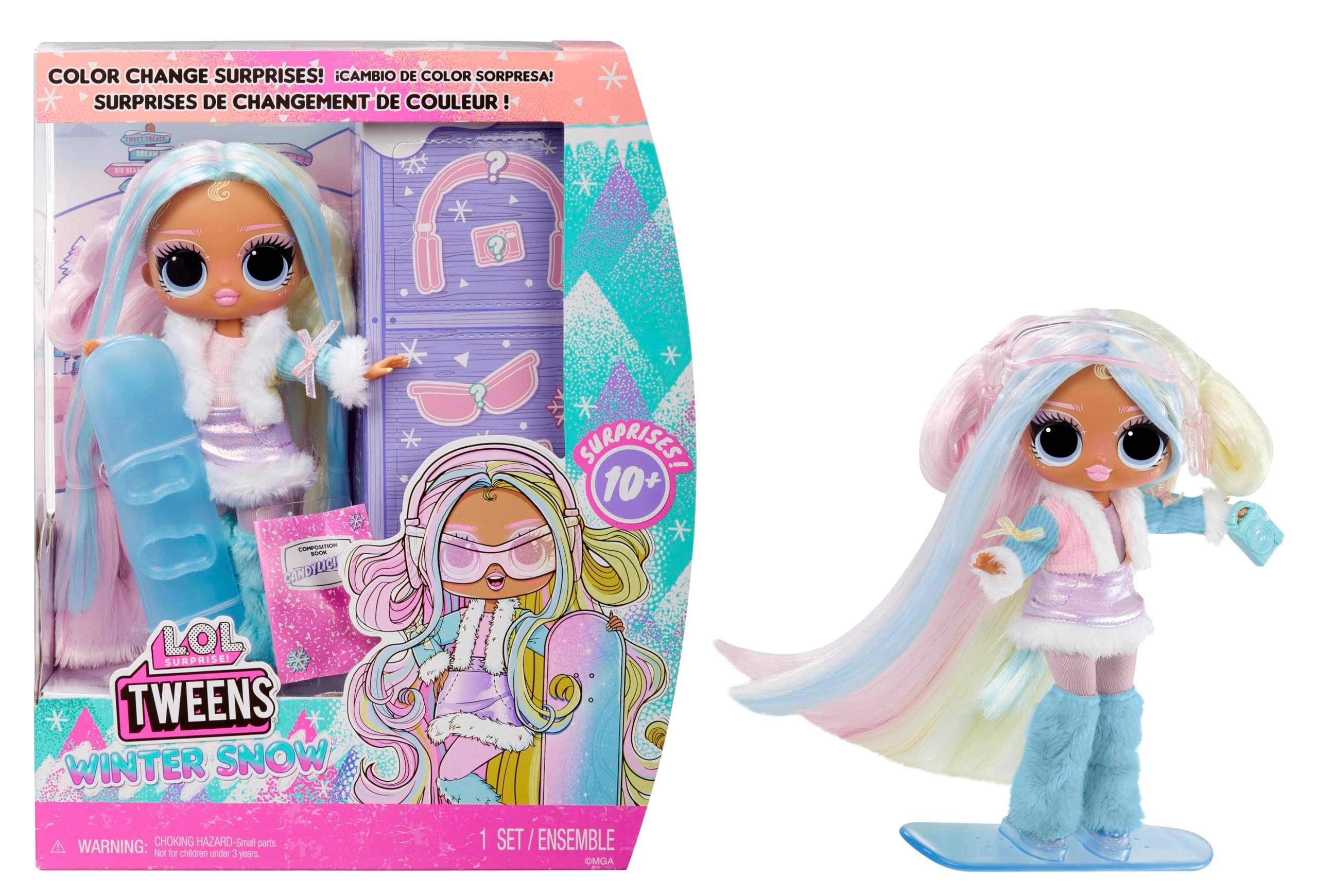 MGA Entertainment Candilicious Tweens Winter Snow Fashion Doll - Colour-Changing Snowboard 10+ Frosty Accessories Ages 4+