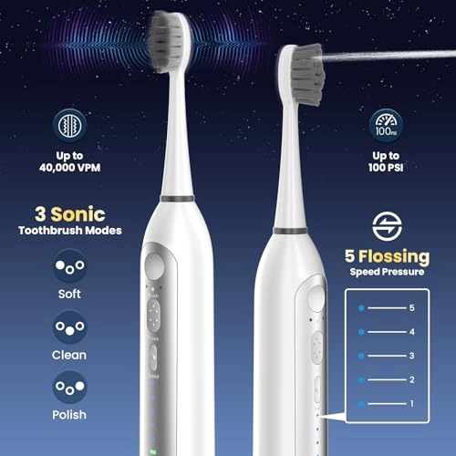 Electric Toothbrush with Water Flosser - 5 Brush Modes 3 Flossing Speeds 500ML Rechargeable